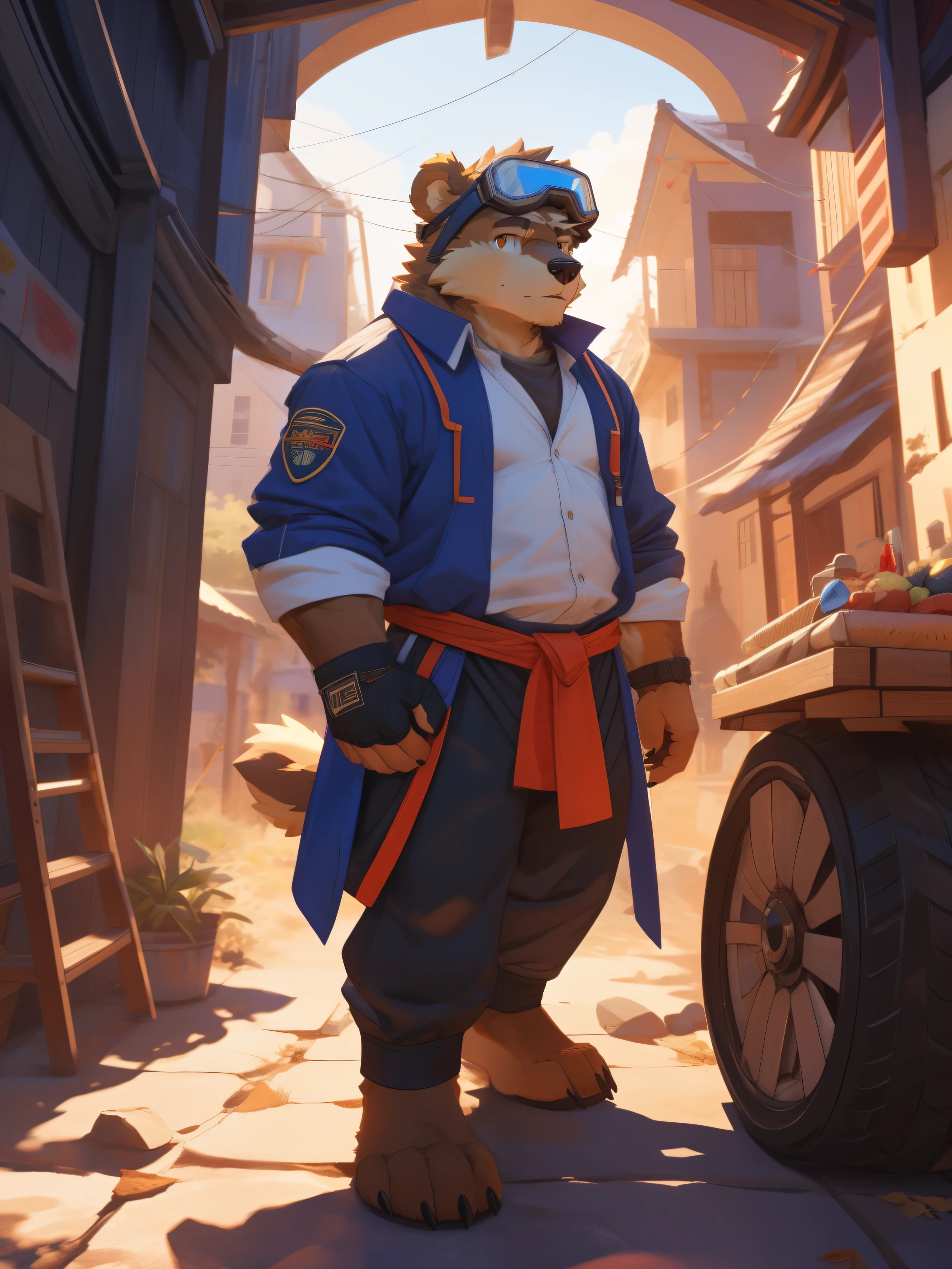 full-length portrait，anthro，hi res，male，strong，Fingerless gloves，Orange Artisan Clothing，Orange clothing，Goggles，a carpenter，Brown Bear，Bandage leggings，Detailed eyes，Delicate eyes，Extremely high detail，8k high definition characters，Afternoon Sunshine，A calm look