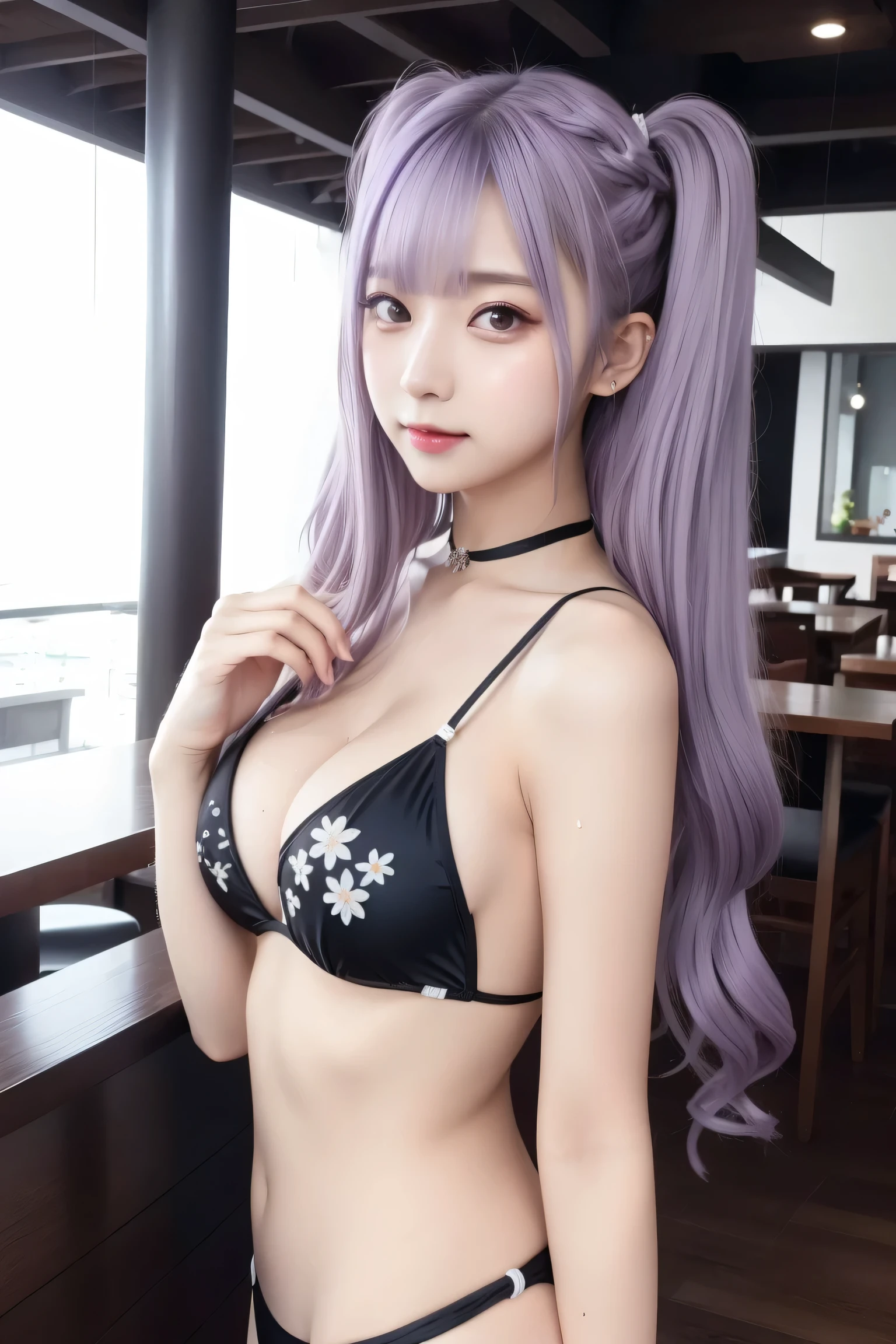 (KPOP idol), (Long twin tails), (Light purple hair): 1), ((Big eyes)), Staring, BREAK ((Upper body: 1.3)), Front view, Long flowing silver hair, Slender physique, Black and white costume, Thighs ・High boots A character wearing gloves. , ((floral bikini)), swimsuit, skin color, huge breasts, wet hair, laugh, (8k, RAW photo, top quality, masterpiece: 1.2), masterpiece, super savvy, super A high resolution, (realistic photo: 1.37), high quality RAW color photo, very delicate and beautiful, very savvy, 8k wallpaper, amazing, savvy, very savvy eye, very savvy skin, very slender fingers, hvery savvy nose, very savvy mouth, perfect anatomy, upper body, wet body, swimming, translucent, small swimsuit, Nogizaka Idol, Korean Idol , fiery idol pose, , 25 years old, tall, cafe, restaurant, Italian, American, Australian