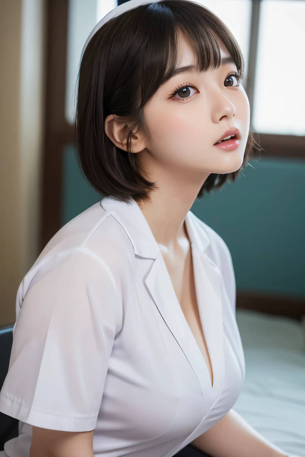 (1 Girl)、(Beautiful Japanese、18years old,round face、Refreshing、clear、seems kind、stylish、Pitiful、cute like an angel、cute、black eyes、,actress,Almond-shaped eyes,Translucent white skin、Beautiful skin), Good style , (Beautiful big breasts:1.2),(soft breasts),(very cute),(Black hair),(short bob hair),(enchanting eyes),(highlight on eyes:1.2)、(8K、Live shooting、highest quality、masterpiece:1.2、optimal lighting)、((masterpiece)),(Photo taken by a professional photographer),(real、photo real:1.4),break,{ (White nurse costume),(((taraditional nurse uniform))),,{(White nurse tight pants)},(cleavage:1.2)},( Surprised:1.4))(cheeks are red:1.2), break, break,Old abandoned hospital,Face shot:1.3、 night、looking away, face close-up,Looking up、sitting、(((Opening mouth in surprise)))