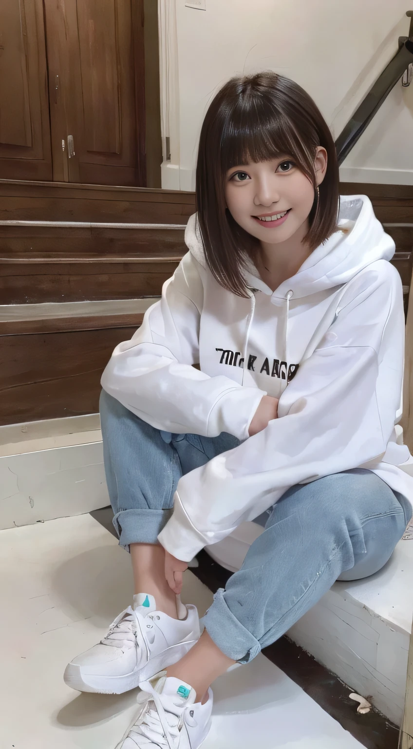 highest quality, Realistic, Very detailed, Finer details, High resolution, 8k wallpaper, One beautiful woman,Sit on the stairs、（Wear black socks）smile、（Beautiful teeth alignment、）（Gums are visible） Oversized hoodie, Skinny jeans,（ Black sneakers）、Black Hair、 Beautiful Bangs、ear piercing、Perfect dynamic composition, Beautiful and detailed, Full Body Shot, A big smile
