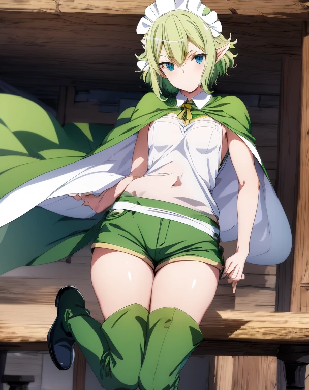 highest quality, Tabletop, 超A high resolution, Ryu Lion, Green shorts, Green Boots, White shirt, Green Cape,German Maid