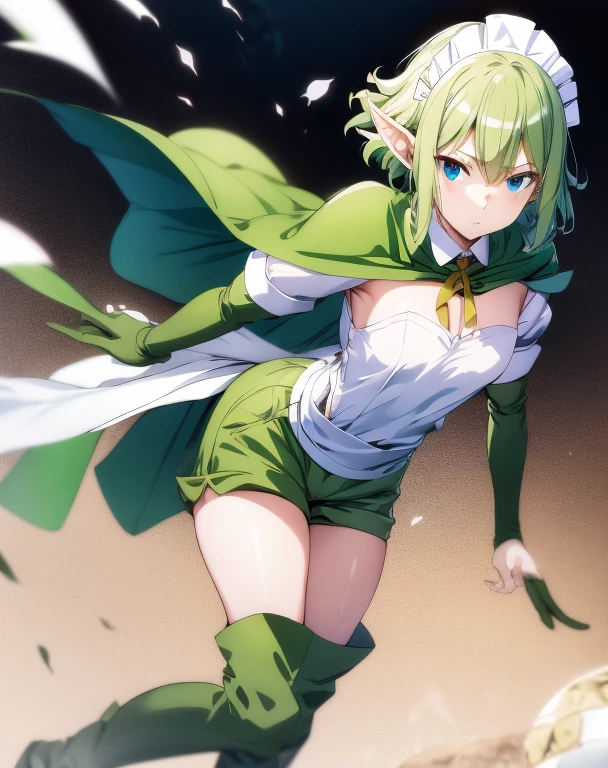 highest quality, Tabletop, 超A high resolution, Ryu Lion, Green shorts, Green Boots, White shirt, Green Cape,German Maid