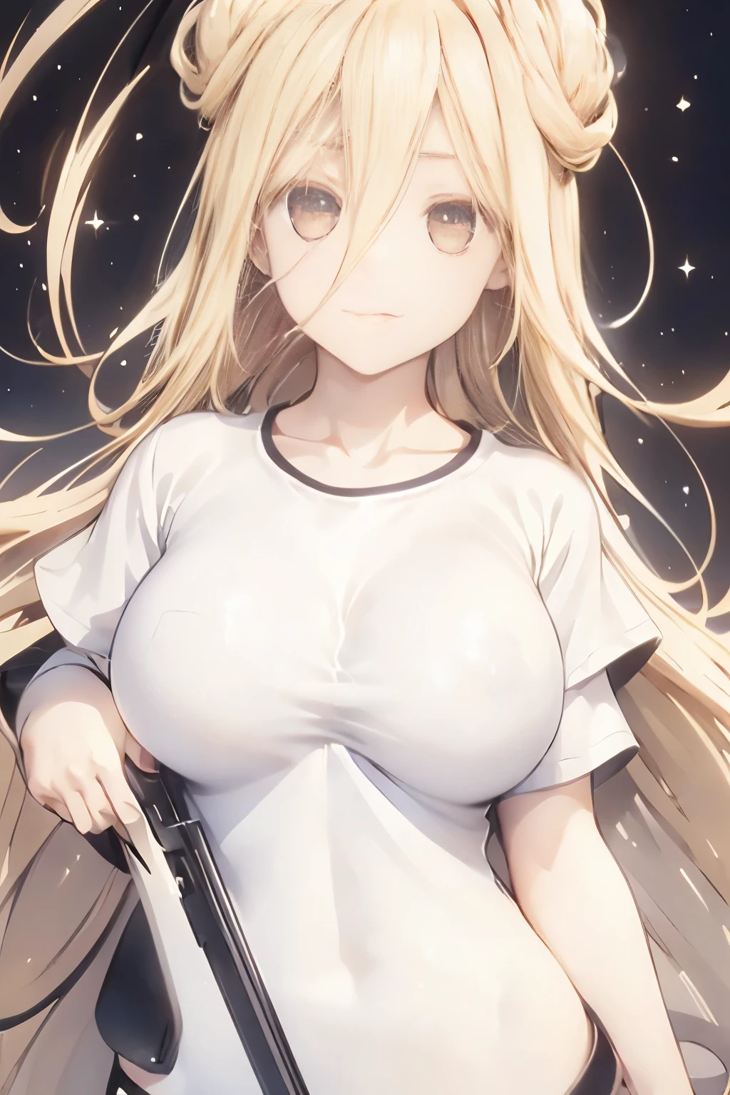 Optimal，masterpiece，High resolution，highest quality，Hyper HD，alone，(Upper Body），Upper Bodyの写真、Cute Face，，Blonde、Long Hair、White skin，((Shooting from the front:1.5)), ((Tight black t-shirt:1.5)), ((Large Breasts:1.5)), Hands on hips