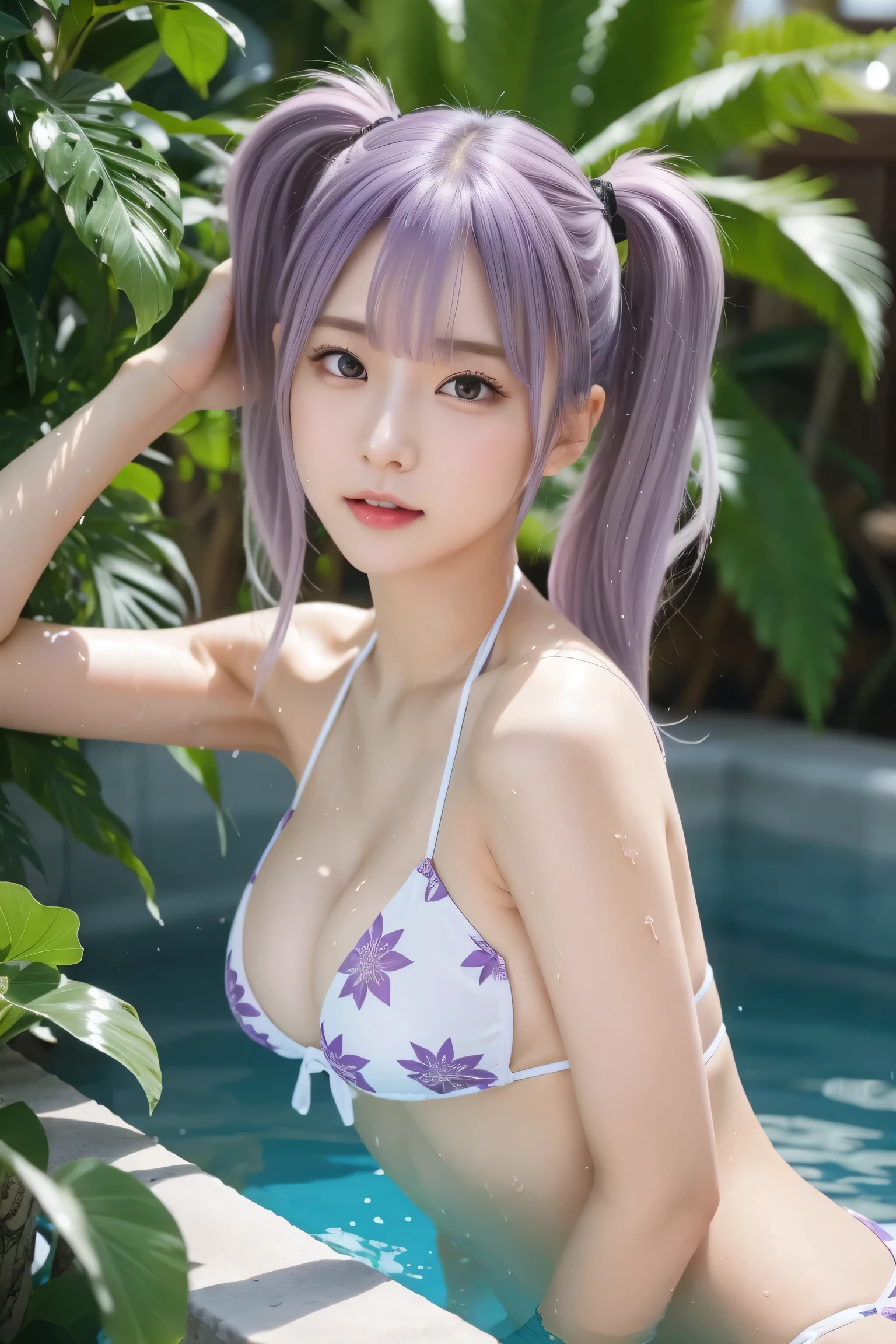 (KPOP idol), (Long twin tails), (Light purple hair): 1), ((Big eyes)), Staring, BREAK ((Upper body: 1.3)), Front view, Long flowing silver hair, Slender physique, Black and white costume, Thighs ・High boots A character wearing gloves. , ((floral bikini)), swimsuit, skin color, huge breasts, wet hair, laugh, (8k, RAW photo, top quality, masterpiece: 1.2), masterpiece, super savvy, super A high resolution, (realistic photo: 1.37), high quality RAW color photo, very delicate and beautiful, very savvy, 8k wallpaper, amazing, savvy, very savvy eye, very savvy skin, very slender fingers, hvery savvy nose, very savvy mouth, perfect anatomy, upper body, wet body, swimming, translucent, small swimsuit, Nogizaka Idol, Korean Idol , fiery idol pose, , 25 years old, tall, cafe, restaurant, Italian, American, Australian