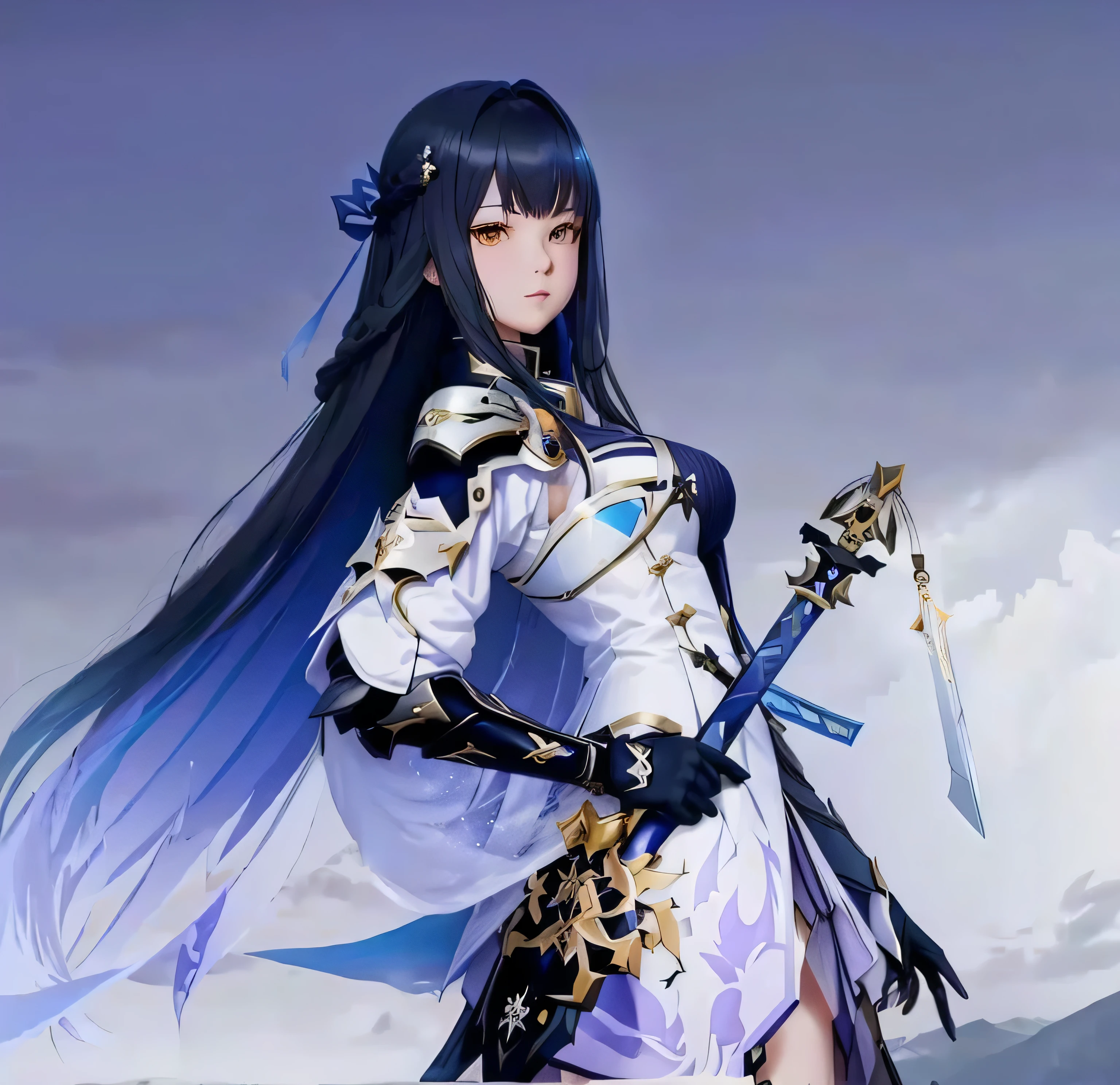 anime girl with sword and armor standing in front of a cloudy sky, ayaka genshin impact, albedo from overlord, albedo from the anime overlord, ayaka game genshin impact, genshin impact character, from arknights, keqing from genshin impact, zhongli from genshin impact, shalltear from overlord