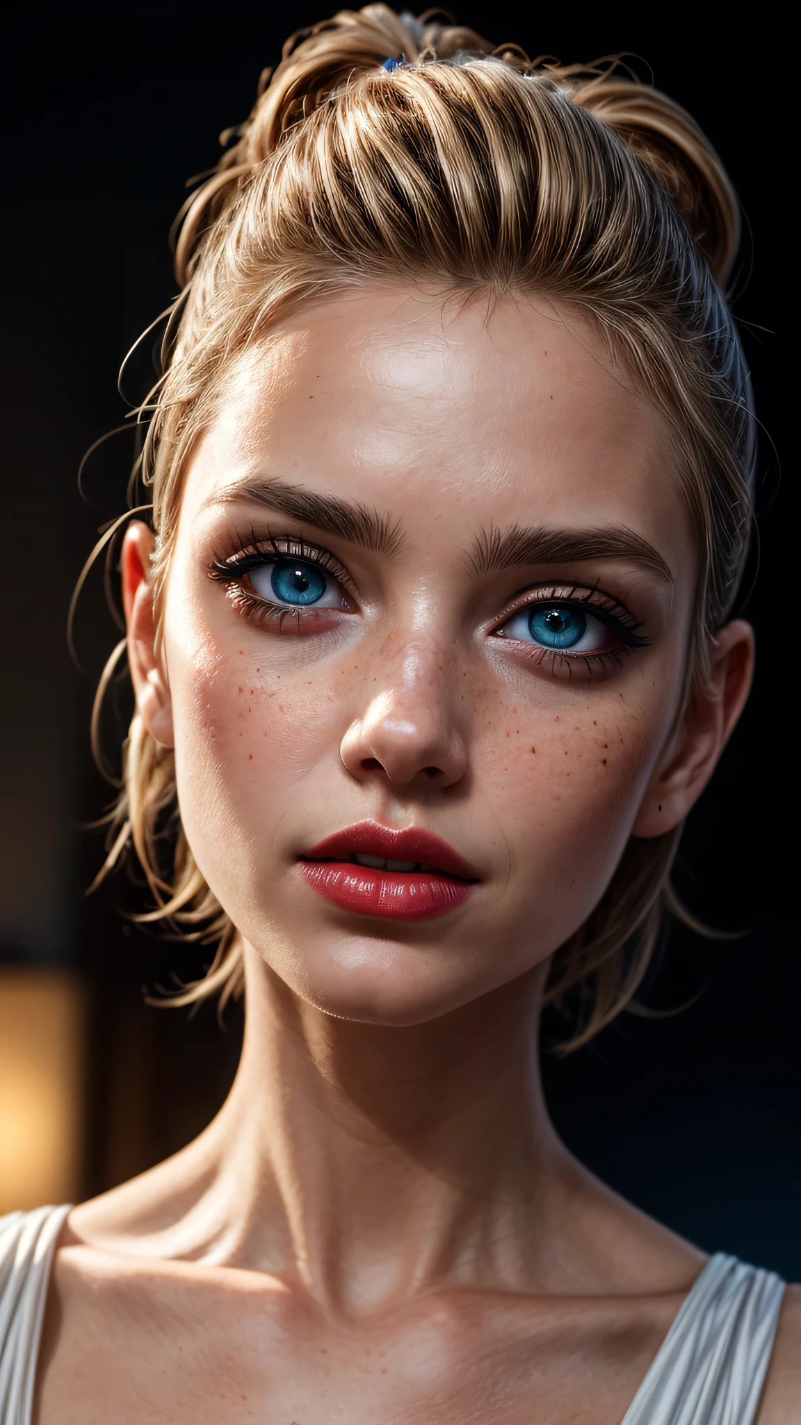 ((best quality: 1.5)) ((masterpiece)), intricate details, soft focus, professional, real life, realistic representation of the face, dim volumetric lighting, dynamic pose, in the style of realistic and hyper detailed renderings BREAK (detailed 30 year old android woman, (((blackout gothic eye makeup, (portrait), red lips, cleft chin), clear blue eyes, short blonde hair, shaved sides, white satin evening gown, film grain, bokeh, black background, dark empty room, golden hour), emerald, nose piercing, determined expression), freckles:0.8), photorealistic, hyper-realistic, 8K