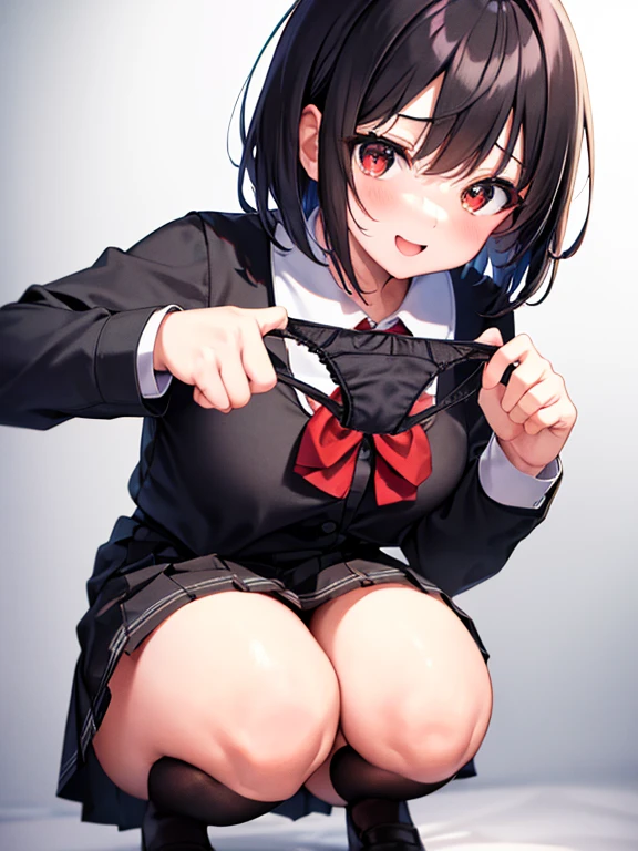 masterpiece、Highest quality、Ultra-high resolution、Medium breasted girl、red and large eyes,、Black short hair、The hair inside is colored、Excited face、Please open your mouth a little（school uniform）、（black tights）、（Holding panties）、（presenting panties）、Squat、The perfect number of fingers