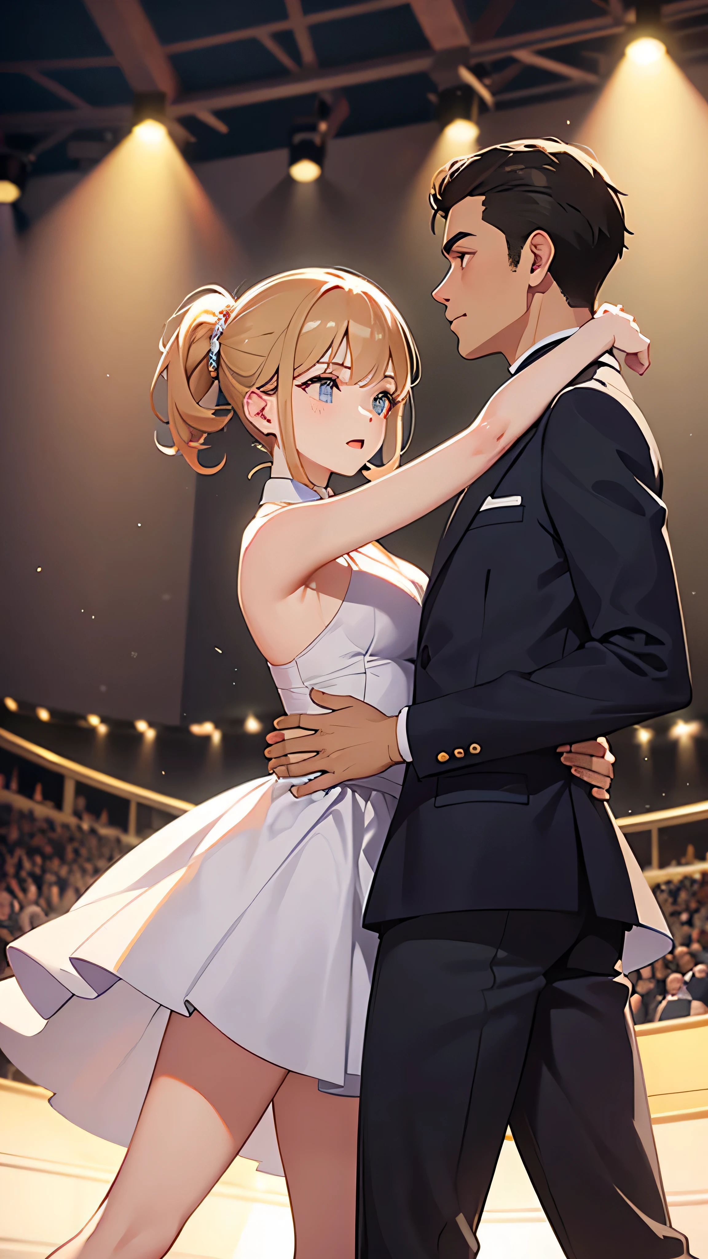 A man and a woman are dancing ballet on stage