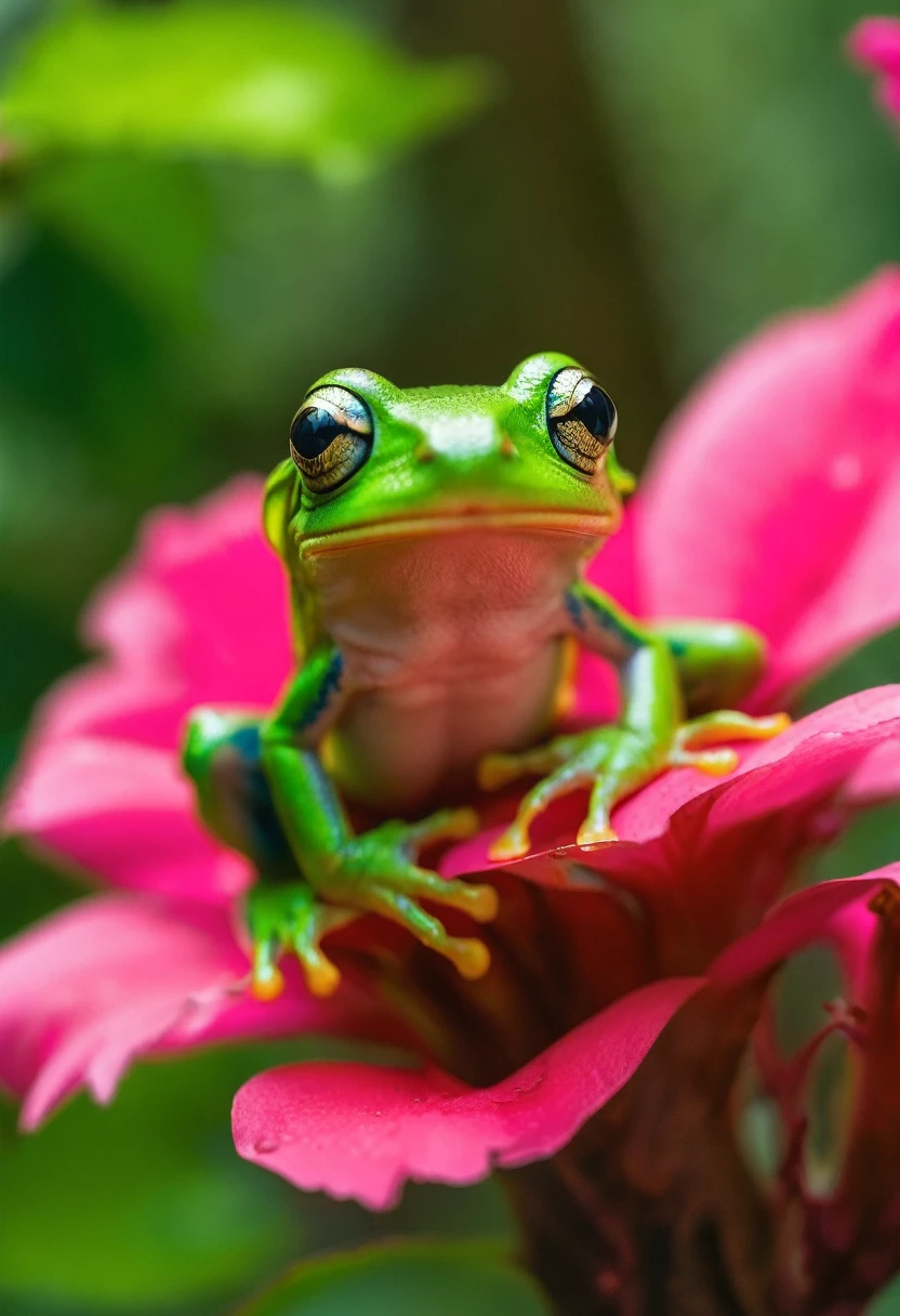 film photography style, best quality,ultra-detailed,HDR,animal photography, Realistic Kermit frog gorgeous treefrog 🐸 cute. Beautiful, by N. C. Winters, Gustav Doré, Amanda sage, Tom bagshaw, Matt hubel, Anne stokes, professional photography, Vladimir manyukhin, Dan mumford Holographic moody, imposing, arcane, ethereal: magnificent: cinematic: masterpiece: divine: amazing depth of field, rainbow gradient background, light grain