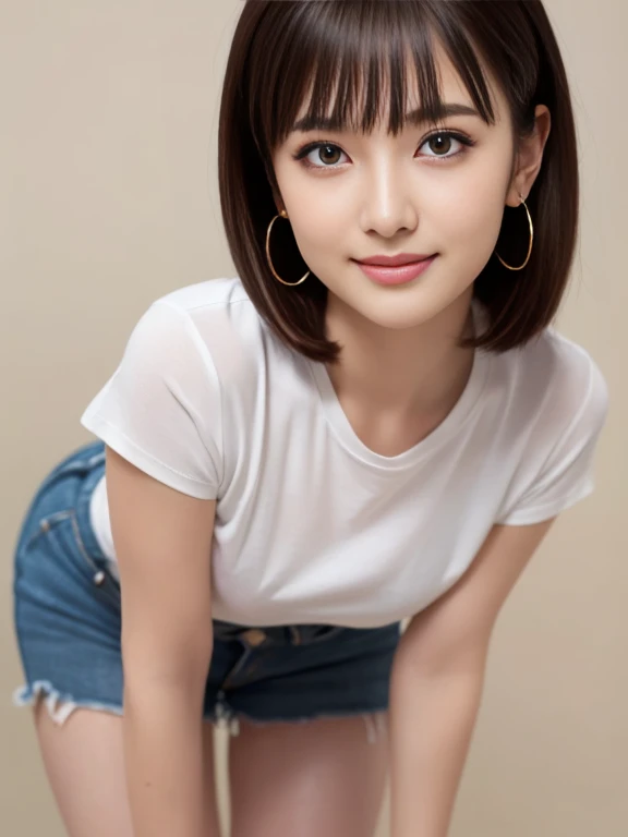 (masterpiece)、(highest quality:1.5)、(16k wallpaper:1.2)、(Photorealistic:1.2)、(Ultra-detailed:1.2)、(超A high resolution:1.2),(Surreal), (High resolution), (Very detailed), (Professional), (Realistic), (Post-processing), (Very detailed),(Sharp focus), Sharp focus:1.2,Photorealistic, Ultra-realistic, Backlight, Bright light, (Improvement of quality:1.4),
健康的なThighs、Narrow waist、Big Ass、(Beautiful legs)、((Perfectly detailed five-fingered hands)),(Anatomically correct body)、((1 female:1.4))、Realistic Skin、(Small chest:1.4),Pretty woman with perfect figure:1.4,(from the front:1.5), (Enhances the beauty of skin texture:1.1),
(Beautiful fine details), (Detailed face),Beautiful realistic face,No makeup、美しいBlack Hair、Super Beauty、The best smile、Natural color lip、Even bangs、((29-year-old woman))、Bob Hair、Hair blowing in the wind, (Black Hair, Iris, Watery eyes, Shining Eyes, Short bob cut hair, Small earrings, Lightly reddish), Hair behind the ear、No makeup、(Drooping eyes)、Drooping eye corners、(Oversized white T-shirt, Long plain T-shirt:1.3), (Thighs, Are standing, Leaning forward:1.3), break, (White Background:1.2), break, Very beautiful eyes, (Symmetrical eyes:1.3), break,