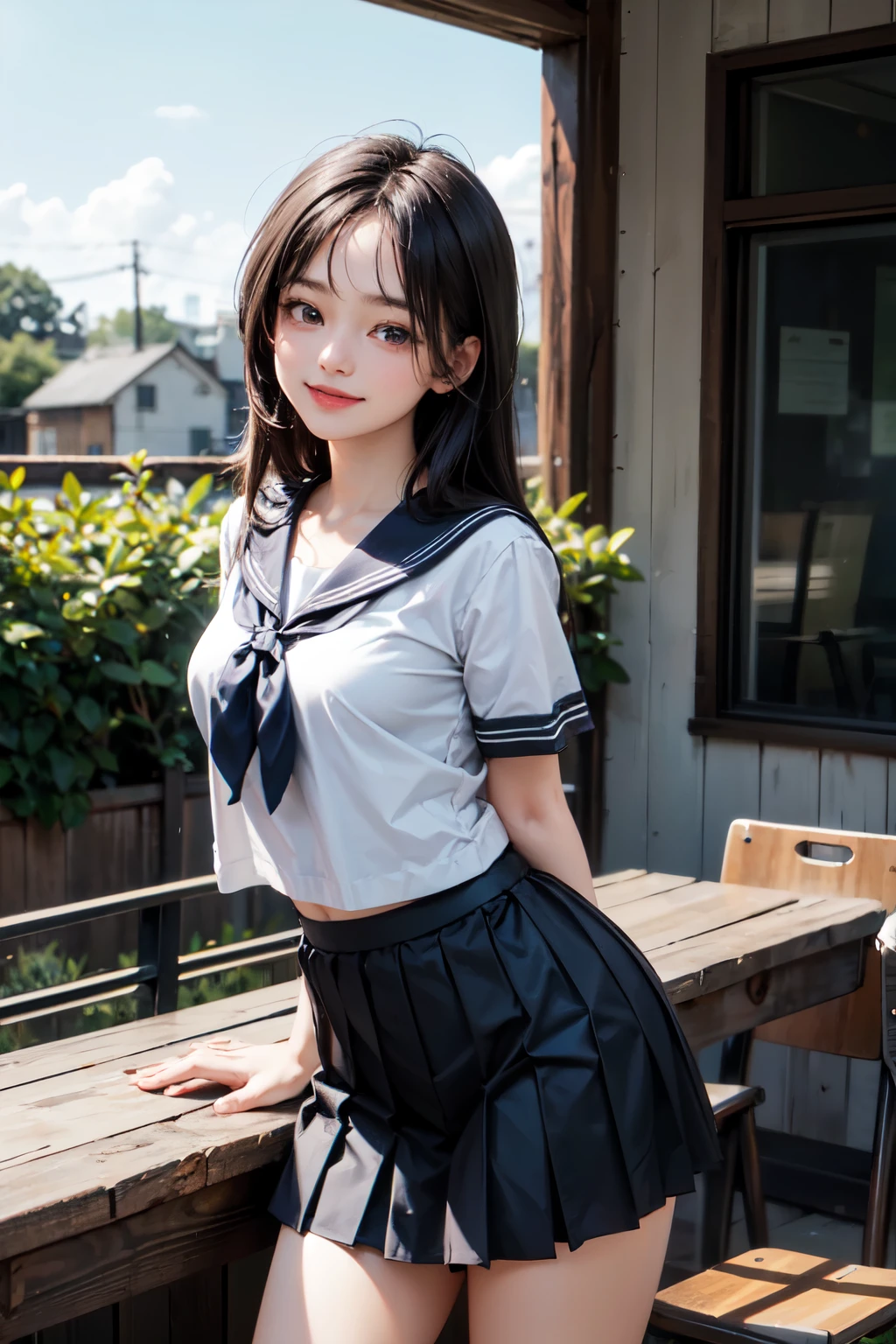 very cute and beautiful girl,(highly detailed beautiful face and eyes),
(smile:1.2),black hair,sailor ,short sleeve,(pleated navyblue mini skirt),standing,arms behind back,
wooden classroom,window,distant trees and town,
(best quality,masterpiece),absurdres,highres,ultra-detailed,extremely detailed,32k,8k resolution,
intricate details,cinematic scene,detailed background,solo,dynamic angle,