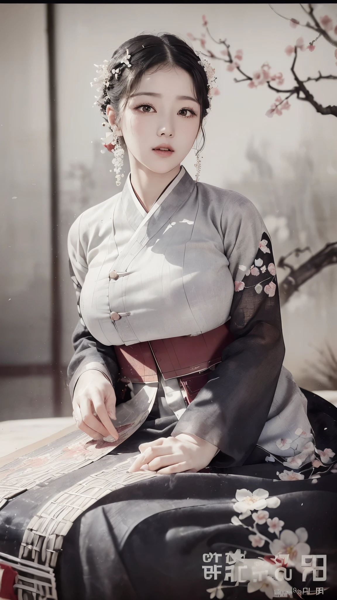 (best quality, 8K, masterpiece: 1.3), ((((((incredibly large breasts: 1.0))))), hairpin, (beautiful face:1.3), plum blossom ink painting background,authentic hanbok, 1920s photography studio, (It feels like a faded photograph: 1.4), Old photos, laugh, black and white photography