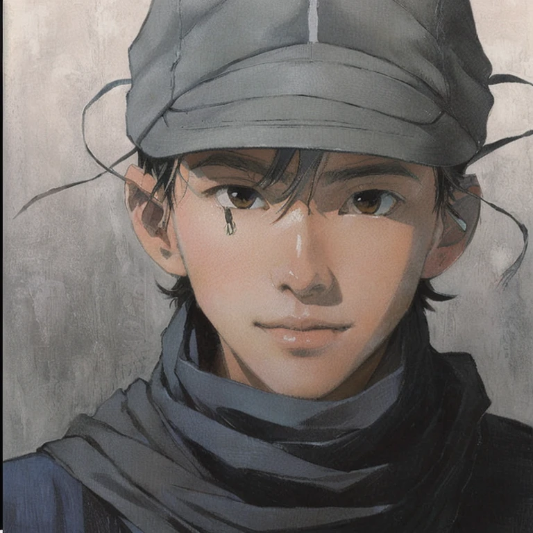 Man with a gray hat and scarf on, shinji, aramaki shinji, hideaki anno, mirai nikki, mushoku tensei, character, safebooru image, male acharacter, as an character, young man, okata kazuto, official art, inspired by Junpei Satoh