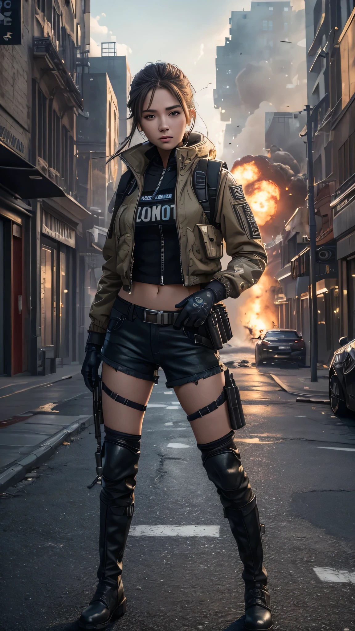 ((highest quality)), ((masterpiece)), 8k, One girl, Bulletproof vest, light, Highly detailed CG Unity 8k ,Beautiful detailed girl,Detailed eyes, Detailed face, View your viewers, gloves, boots, whole body, computer, Drone, Have a weapon, Jacket, (Background Destroyed city) , explosion , cigarette