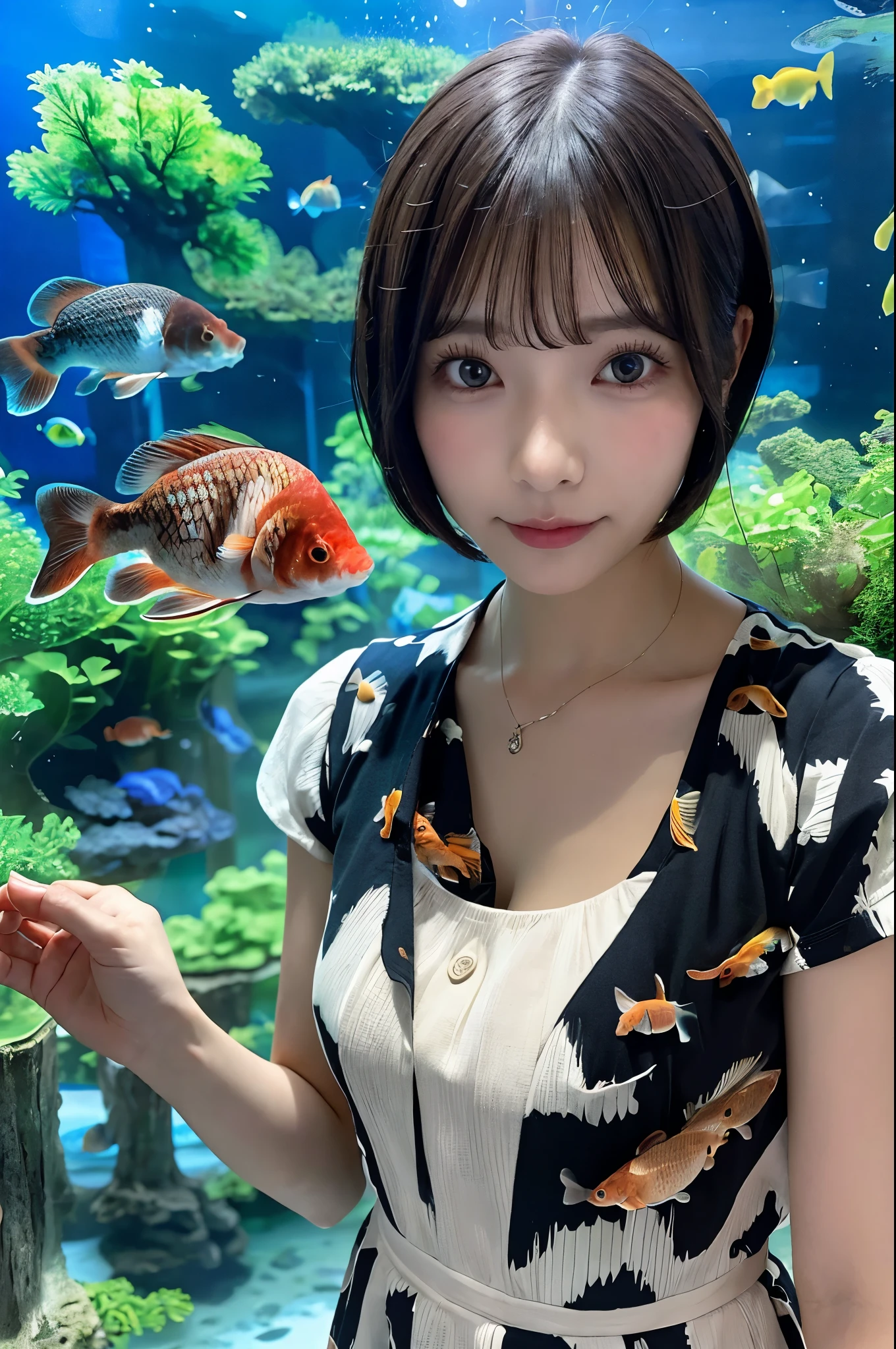 (((30-year-old woman)))、((Aquarium))、masterpiece, One beautiful girl, (((very_short_hair))), Eye details, Swollen eyes, Best image quality, 超A high resolution, (Realistic: 1.4), Original photo, One Girl, Cinema Lighting, Japanese, very beautif, Beautiful skins, (超Realistic), (High resolution), (8k yen), (Very detailed), (Best illustrations), (Beautiful and detailed eyes), (Ultra-detailed), Detailed face, Looking at the camera, Look straight ahead, Dress neatly, shorth hair、A dark-haired、46ポイントの斜め前hair、((Aquarium))、Lots of carp、(((carp)))