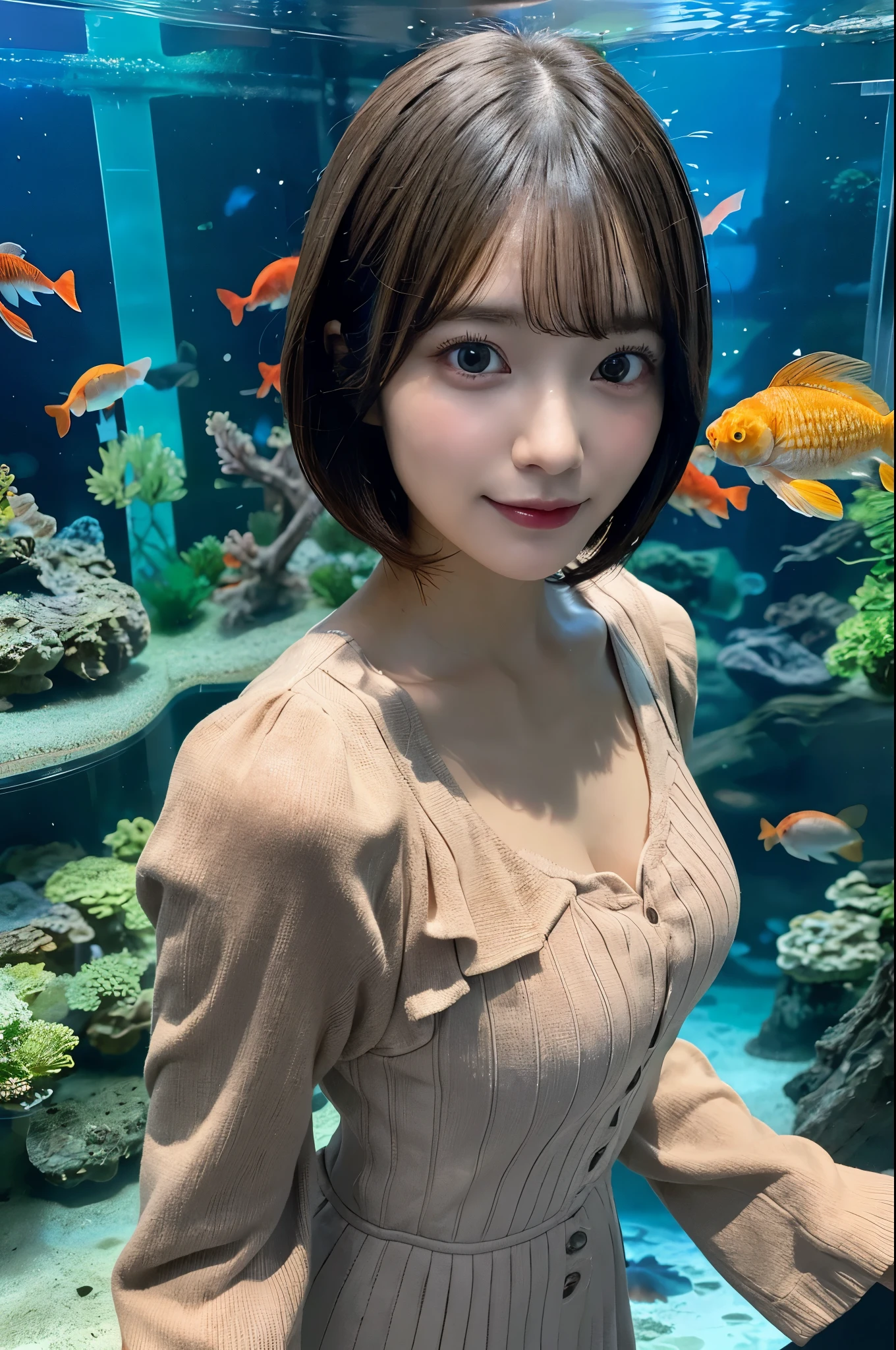 (((30-year-old woman)))、((Aquarium))、masterpiece, One beautiful girl, (((very_short_hair))), Eye details, Swollen eyes, Best image quality, 超A high resolution, (Realistic: 1.4), Original photo, One Girl, Cinema Lighting, Japanese, very beautif, Beautiful skins, (超Realistic), (High resolution), (8k yen), (Very detailed), (Best illustrations), (Beautiful and detailed eyes), (Ultra-detailed), Detailed face, Looking at the camera, Look straight ahead, Dress neatly, shorth hair、A dark-haired、46ポイントの斜め前hair、((Aquarium))、Lots of carp、(((carp)))