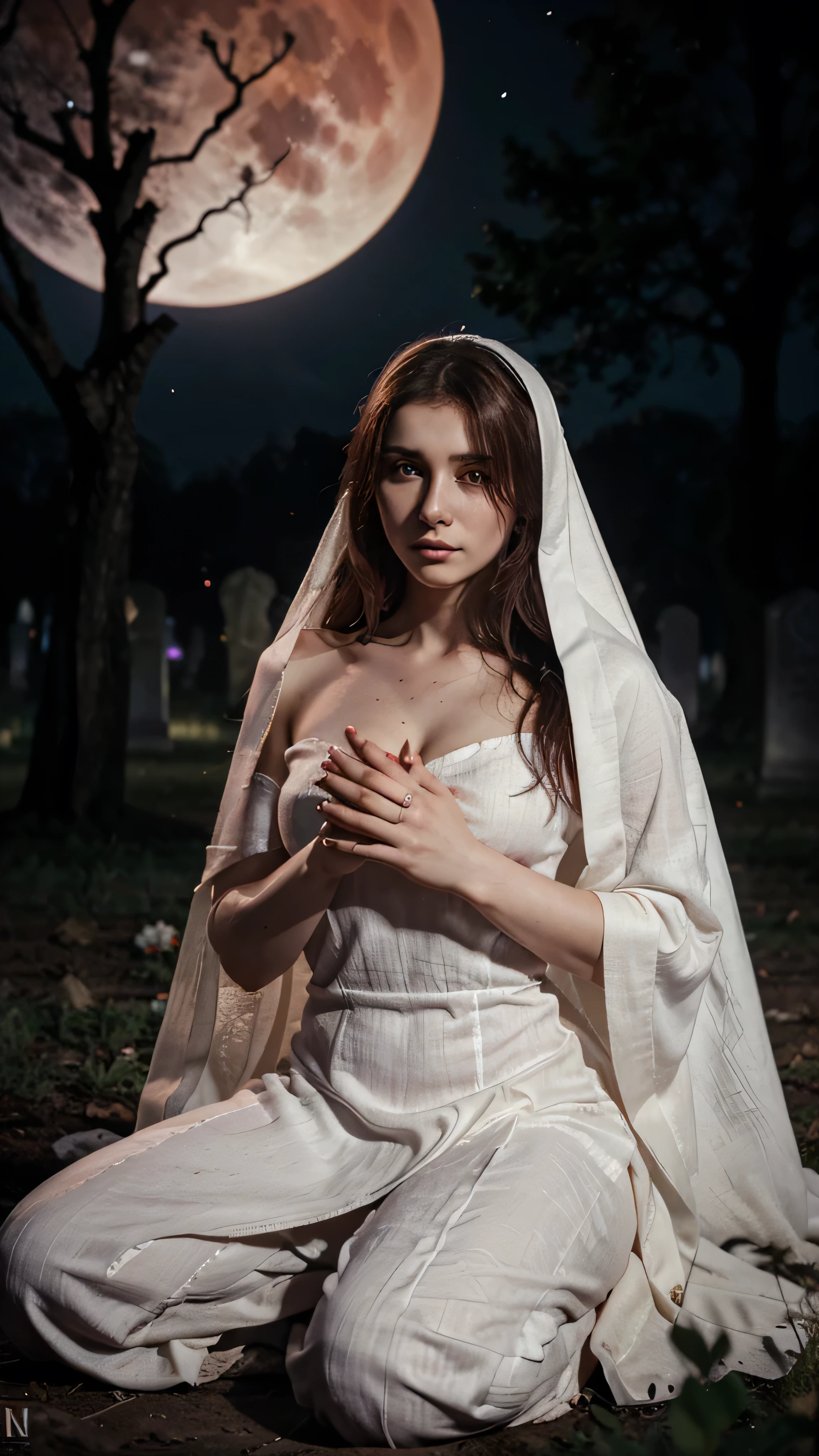 Young beautiful white cloth maiden offers her soul to demon king, in cemetery full of dark trees and graves on blood red moon night . 4k hyper realistic image 4k ultra hd.
