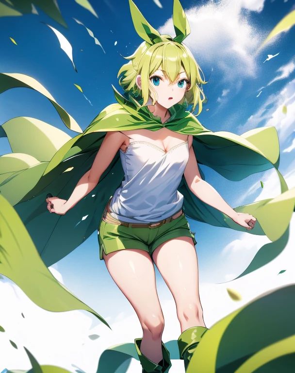 highest quality, Tabletop, 超A high resolution, Ryu Lion, Green shorts, Green Boots, White shirt, Green Cape,Bunny Girl