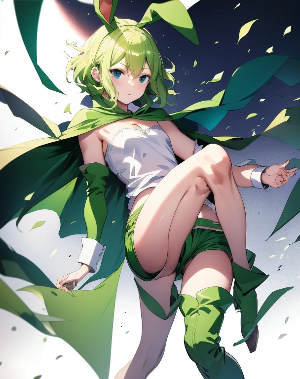 highest quality, Tabletop, 超A high resolution, Ryu Lion, Green shorts, Green Boots, White shirt, Green Cape,Bunny Girl