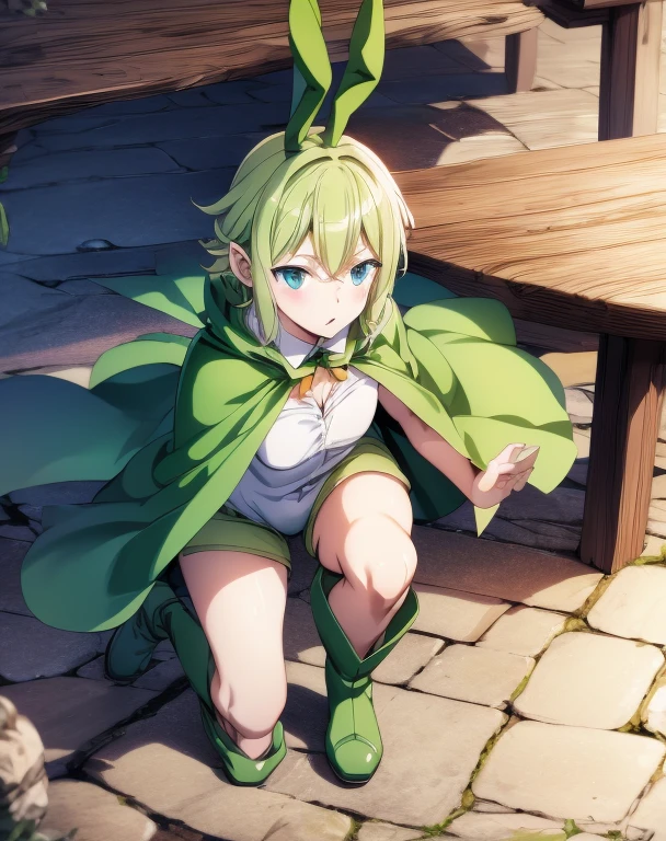highest quality, Tabletop, 超A high resolution, Ryu Lion, Green shorts, Green Boots, White shirt, Green Cape,Bunny Girl