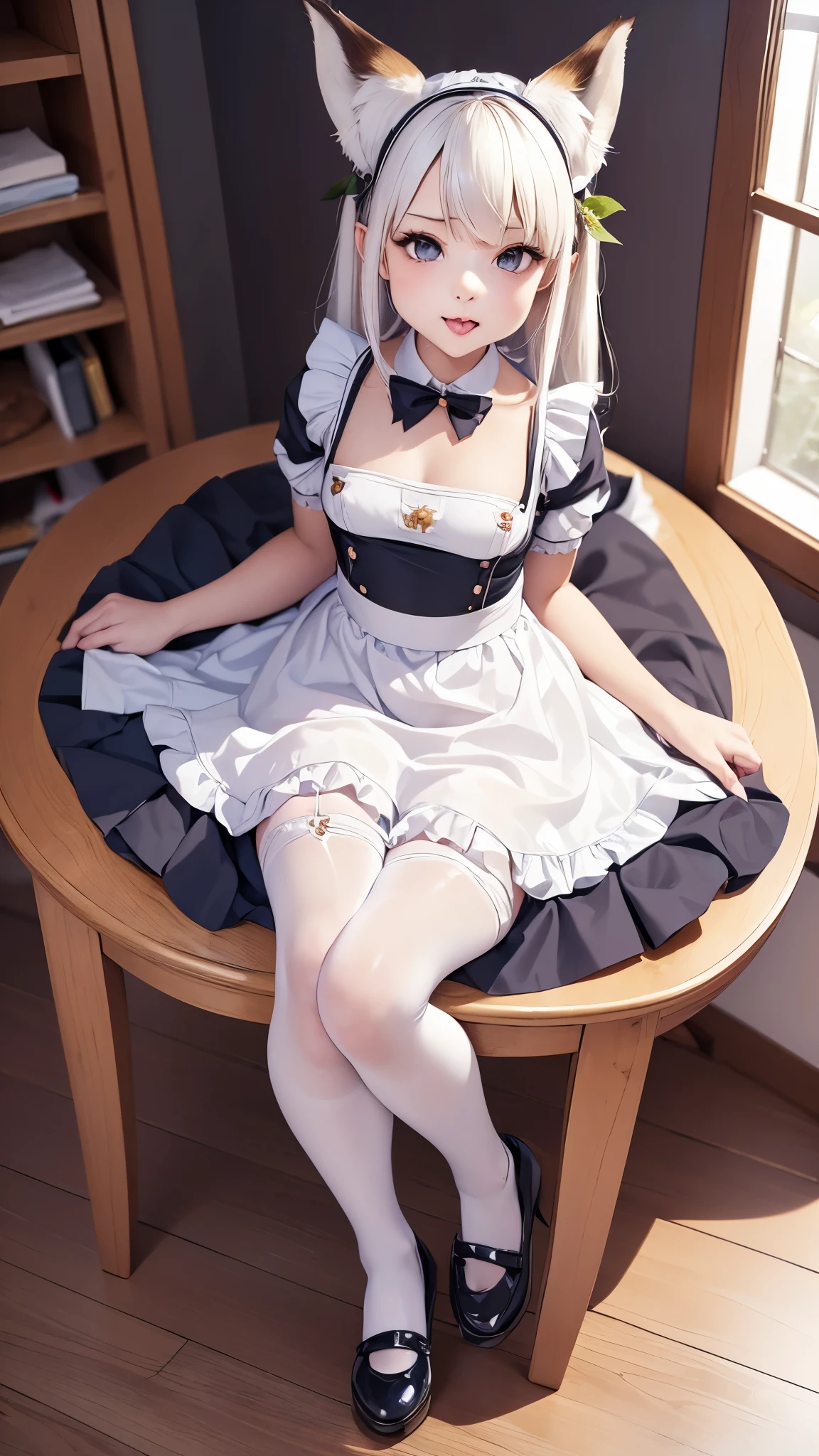 1girl, ebenya, looking at viewer, white hair, foxgirl, kumiho, fox ears, fox tail, open clothes, (maid, maid uniform), thin body, flat chest, seating pose, , cleaning "device", tongue, royal country house, tsar house, ba-shiroko, comics, fantasia, sfw, marvel e DC