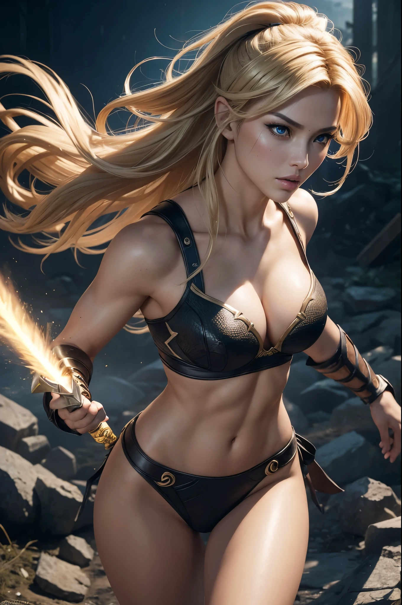 8K,Blonde female warrior fighting monsters,Super Beauty(Realistic Skin),Macho female warrior,blonde mohawk hair,Perfect Anatomy,charm,Volume measurement,Body balance,Digital single-lens reflex camera, Soft lighting, Detailed Background, Written boundary depth, Volumetric lighting, Sharp focus, Absurd, Realistic proportions, Excellent anatomy, (Realistic, 超Realistic:1.4), 16K HDR, dawn,A High Resolution,super Realistic 肌,Super beautiful expression,Fantasy art,Character Art,Wind effects:1.9、Cloud Effect:1.2、Full Rendering、Professional quality high resolution、Perfect contrast、Perfect lighting、Perfect composition、Perfect Skin、Perfect Fingers、Perfect breasts、Perfect Hair、Perfect Face、Realistic facial features,super highest quality,Slim figure,Perfect body line,Perfect hand shape,Anatomical body balance,Highly detailed face,Highly detailed eyes,Beautiful Lips,Excellent light particles,Cinema Lighting,Makeup,Ultra-high resolution,Ultra-Realistic Skin,Accentuate your cleavage,Demon Slayer Costume,Fierce battle scenes,Hold your sword and attack,