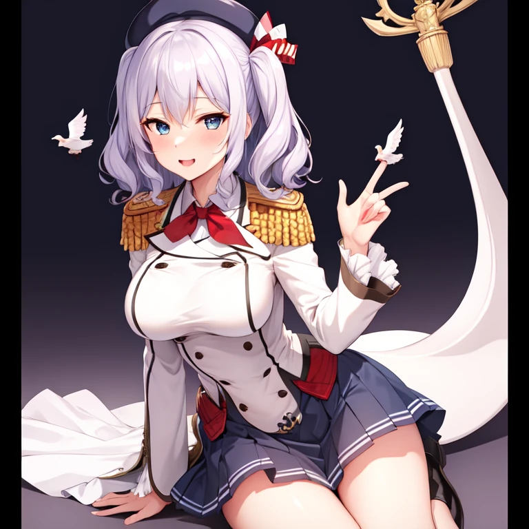 (masterpiece, best quality:1.2),giggle,A hand touched his chest,illustration,8k,HD,1 girl,solitary,portrait,blush,White hair,blue eyes,curls,Double tail,Crane plum,Berets,Epaulettes,Ruffled sleeves,jacket,Large Breasts,Long sleeve,,mini skirt,Pleated Skirt,Red tie,White gloves,anchor,Solid color background