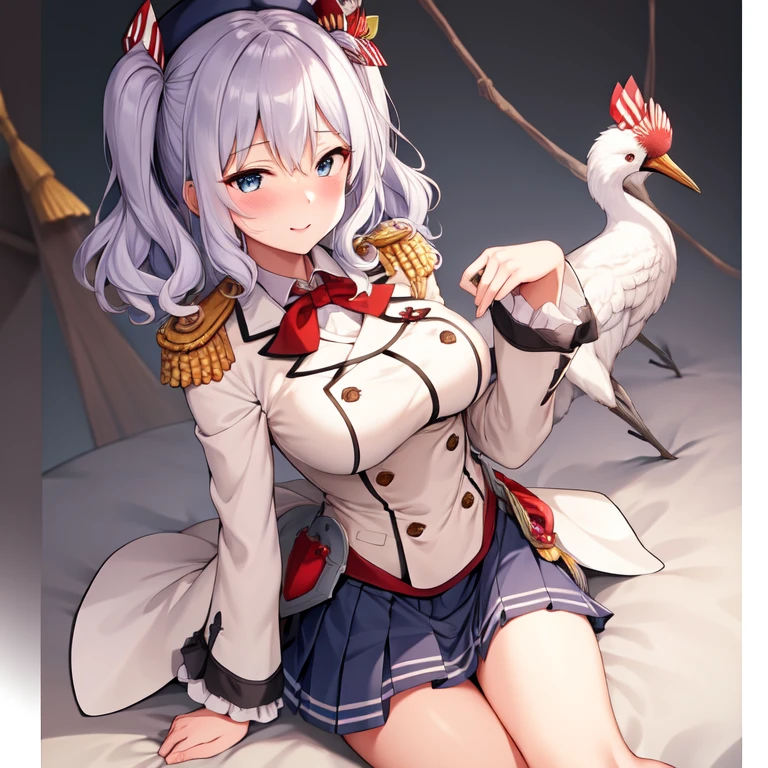 (masterpiece, best quality:1.2),giggle,A hand touched his chest,illustration,8k,HD,1 girl,solitary,portrait,blush,White hair,blue eyes,curls,Double tail,Crane plum,Berets,Epaulettes,Ruffled sleeves,jacket,Large Breasts,Long sleeve,,mini skirt,Pleated Skirt,Red tie,White gloves,anchor,Solid color background