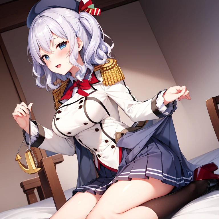 (masterpiece, best quality:1.2),giggle,A hand touched his chest,illustration,8K,HD,1 girl,solitary,portrait,blush,white hair,blue eyes,curls,Double tail,Crane plum,Berets,Epaulettes,Ruffled sleeves,Jacket,Large Breasts,Long sleeve,,mini skirt,Pleated Skirt,Red tie,White gloves,anchor,Solid color background