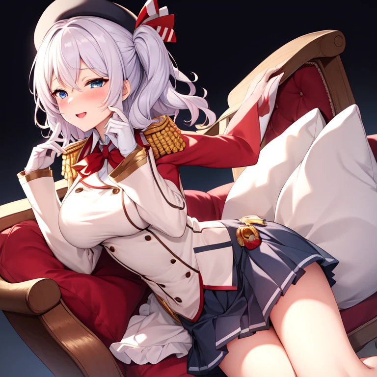 (masterpiece, best quality:1.2),giggle,A hand touched his chest,illustration,8K,HD,1 girl,solitary,portrait,blush,white hair,blue eyes,curls,Double tail,Crane plum,Berets,Epaulettes,Ruffled sleeves,Jacket,Large Breasts,Long sleeve,,mini skirt,Pleated Skirt,Red tie,White gloves,anchor,Solid color background