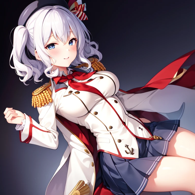 (masterpiece, best quality:1.2),giggle,A hand touched his chest,illustration,8K,HD,1 girl,solitary,portrait,blush,white hair,blue eyes,curls,Double tail,Crane plum,Berets,Epaulettes,Ruffled sleeves,Jacket,Large Breasts,Long sleeve,,mini skirt,Pleated Skirt,Red tie,White gloves,anchor,Solid color background