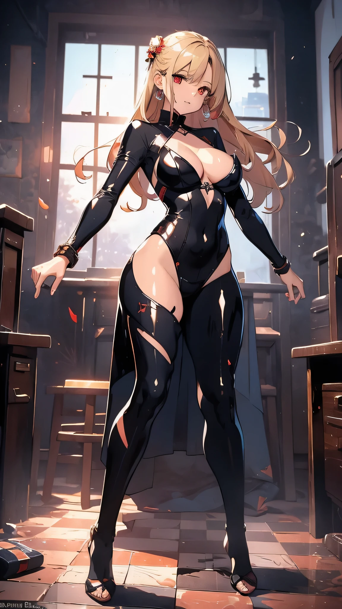 最high quality、Best image quality、masterpiece、girl((Age 25、 By becoming、Best Bust、Medium Bust,Wide open breast tea、Red glowing eyes,Blonde、Red Mesh、Disheveled Hair、Lointail、thin,The highest valley、Open chest、Luminous Wristbands、hair ornaments、Show the whole body,Black Ninja suite、revolver、scar、Full body scar、Fighting Pose)),high quality、Beautiful art、background((Photography room))、Flight、Flying debris、Written boundary depth、movie、Visual Arts、Perfect art、8K,Genuine,