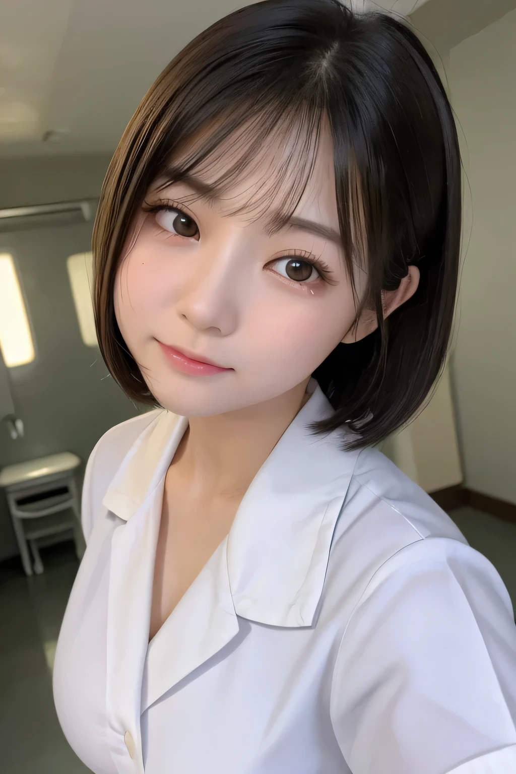 (1 Girl)、(Beautiful Japanese、18years old,round face、Refreshing、clear、seems kind、stylish、Pitiful、cute like an angel、cute、black eyes、,actress,Almond-shaped eyes,Translucent white skin、Beautiful skin), Good style , (Beautiful big breasts:1.2),(soft breasts),(very cute),(Black hair),(short bob hair),(enchanting eyes),(highlight on eyes:1.2)、(8K、Live shooting、highest quality、masterpiece:1.2、optimal lighting)、((masterpiece)),(Photo taken by a professional photographer),(real、photo real:1.4),break,{ (White nurse costume),(((taraditional nurse uniform))),,{(White nurse tight pants)},(cleavage:1.2)},( Crying in tears:1.2),(tears:1.4))(cheeks are red:1.2), break, break,Old abandoned hospital,Face shot:1.3、 (night hospital), face close-up、sitting、（Both eyes closed:1.3）