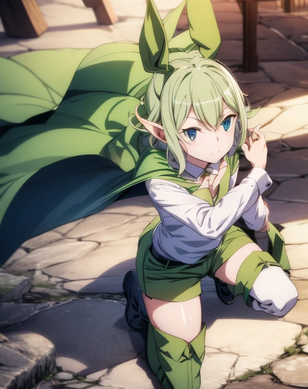 highest quality, Tabletop, 超A high resolution, Ryu Lion, Green shorts, Green Boots, White shirt, Green Cape,Bunny Girl