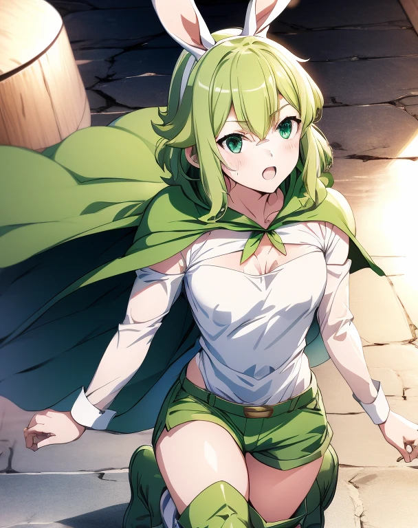 highest quality, Tabletop, 超A high resolution, Ryu Lion, Green shorts, Green Boots, White shirt, Green Cape,Bunny Girl