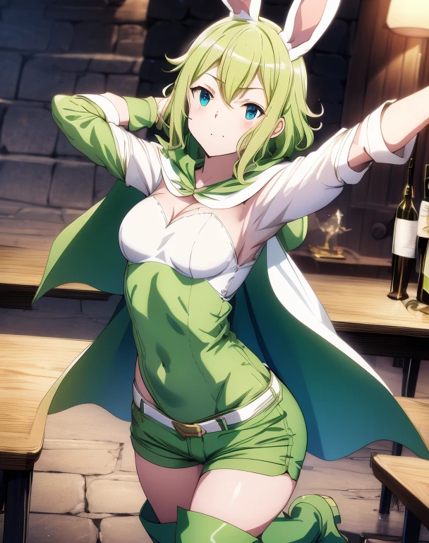 highest quality, Tabletop, 超A high resolution, Ryu Lion, Green shorts, Green Boots, White shirt, Green Cape,Bunny Girl