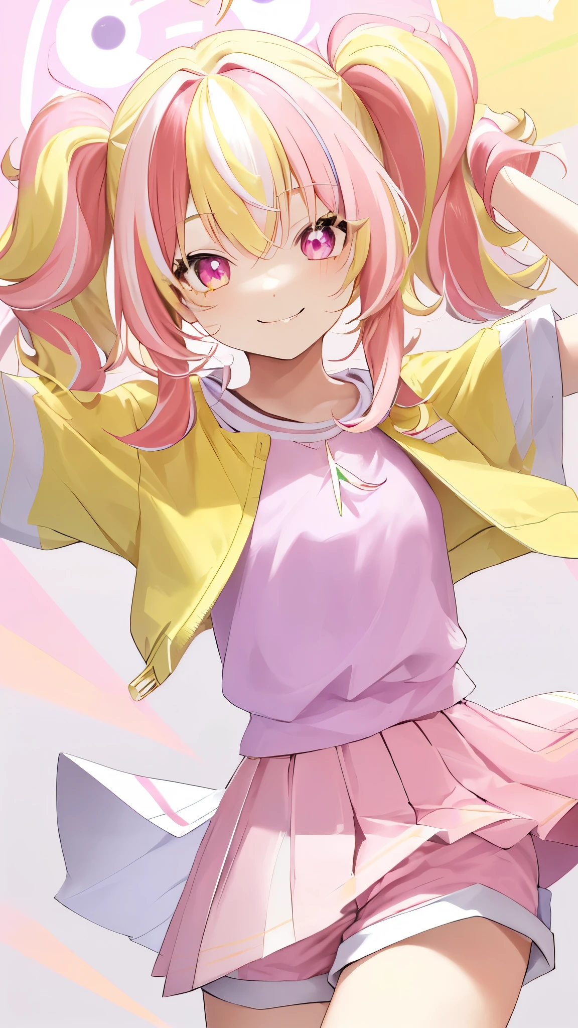 twin tail,medium hair,blonde hair, ((highlights hair,pink streaked hair)),jump,((close eye,Smile)),white short pants,purple shirts,yellow jacket,(crystal light),green eye,Urban area