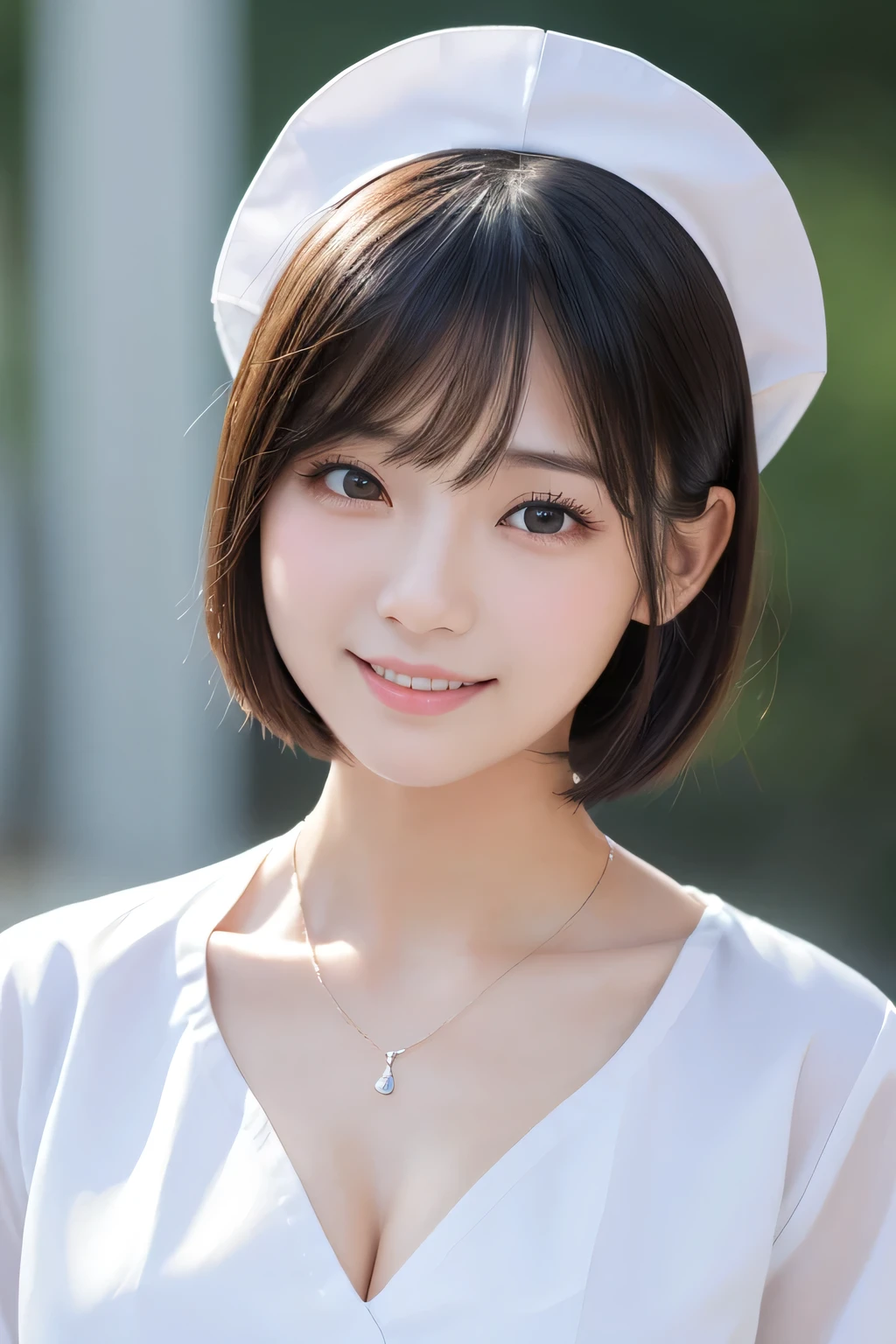 (1 Girl)、(Beautiful Japanese、18years old,round face、Refreshing、clear、seems kind、stylish、Pitiful、cute like an angel、cute、black eyes、,actress,Almond-shaped eyes,Translucent white skin、Beautiful skin), Good style , (Beautiful big breasts:1.2),(soft breasts),(very cute),(Black hair),(short bob hair),(enchanting eyes),(highlight on eyes:1.2)、(8K、Live shooting、highest quality、masterpiece:1.2、optimal lighting)、((masterpiece)),(Photo taken by a professional photographer),(real、photo real:1.4),break,{ (White nurse costume),(((taraditional nurse uniform))),,{(White nurse tight pants)},(cleavage:1.2)},( Smile),(tears:1.4))(cheeks are red:1.2), break, break,Old abandoned hospital,Face shot:1.3、 night、looking away, face close-up,Looking up、sitting、(Both eyes closed:1.3)