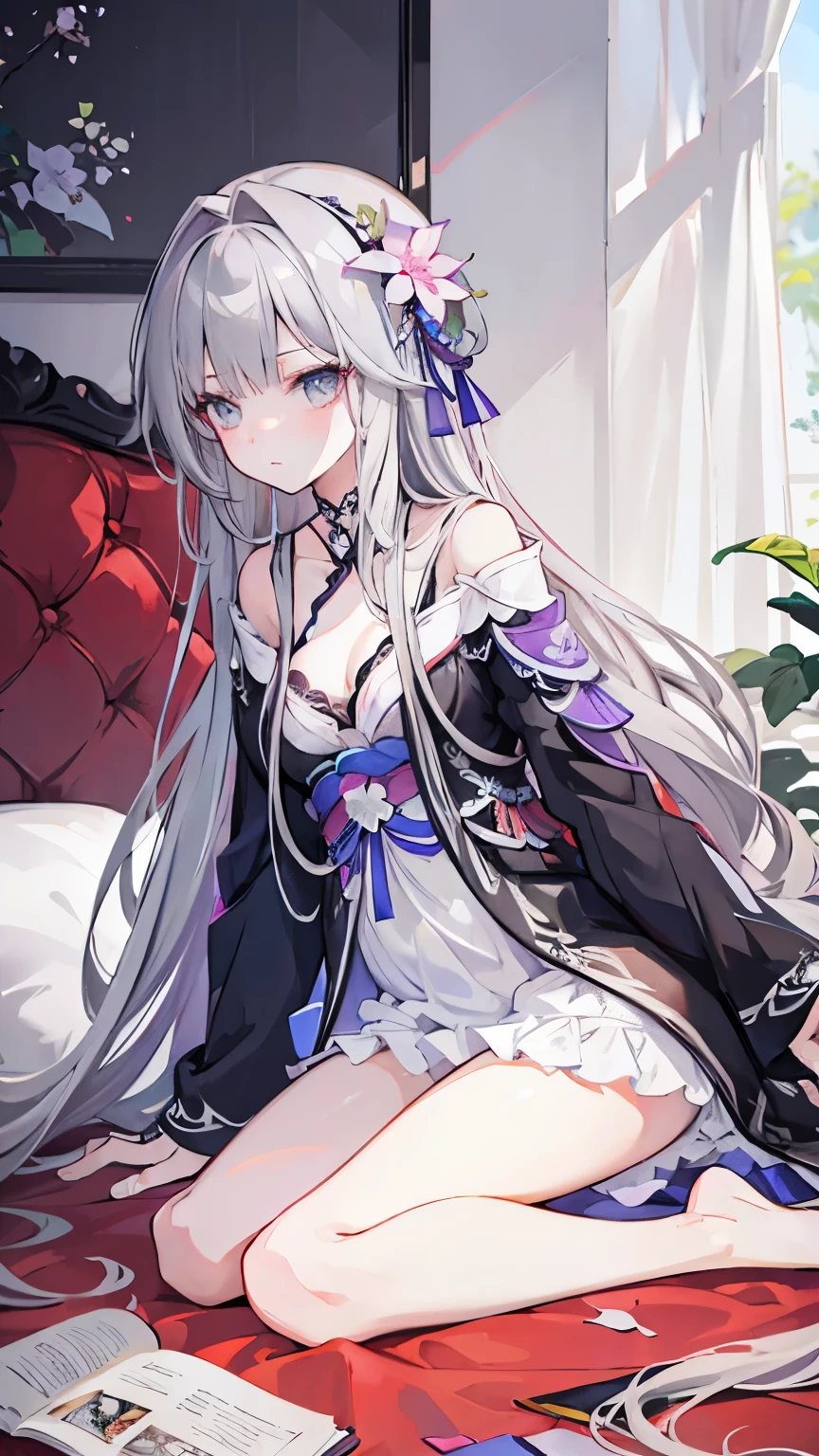 Highest quality,Girl,Silver Hair,Long Hair,Very long hair,Straight Hair,Grey Eyes,Bedroom,kimono,bra,underwear,