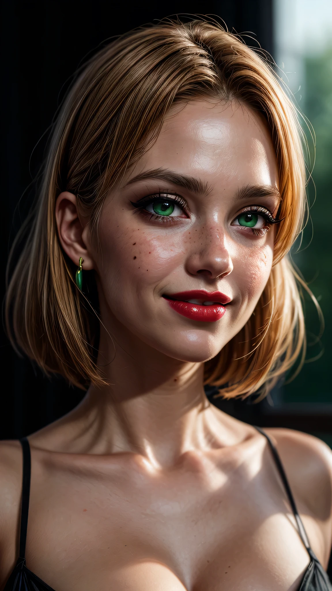 ((best quality: 1.5)) ((masterpiece)), intricate details, soft focus, professional, real life, realistic representation of the face, dim volumetric lighting, dynamic pose, in the style of realistic and hyper detailed renderings BREAK (detailed 30 year old android woman, (((blackout gothic eye makeup, (portrait), red lips, cleft chin, smiling), clear green eyes, [blonde hair:bright ginger hair:0.3], green satin evening gown, film grain, bokeh, black background, dark empty room, golden hour),  emerald, nose piercing, determined expression), freckles:0.8), photorealistic, hyper-realistic, 8K