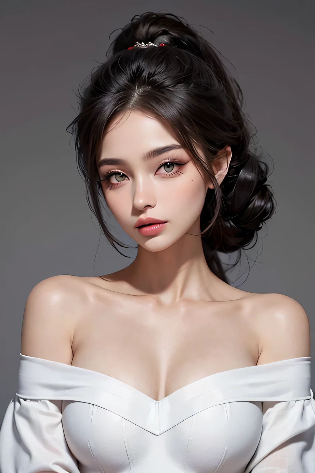 Queen Isola, beautiful, beautiful face, plastic surgery lined with makeup, eyes lined with kohl, nose plastic surgery, enlarged lips, white skin free of blemishes, large breasts. Elegant and attractive body, dress: Red off-shoulder shirt