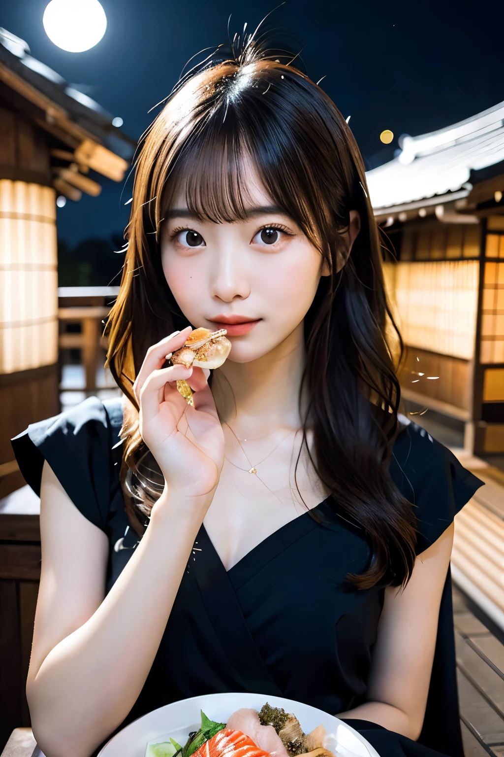 ((highest quality)), ((masterpiece)), (detailed), Beautiful asian girl with perfect face eating traditional japanese food,
With the bright light of a large moon as a background