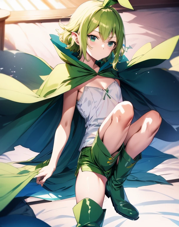 highest quality, Tabletop, 超A high resolution, Ryu Lion, Green shorts, Green Boots, White shirt, Green Cape,Bunny Girl