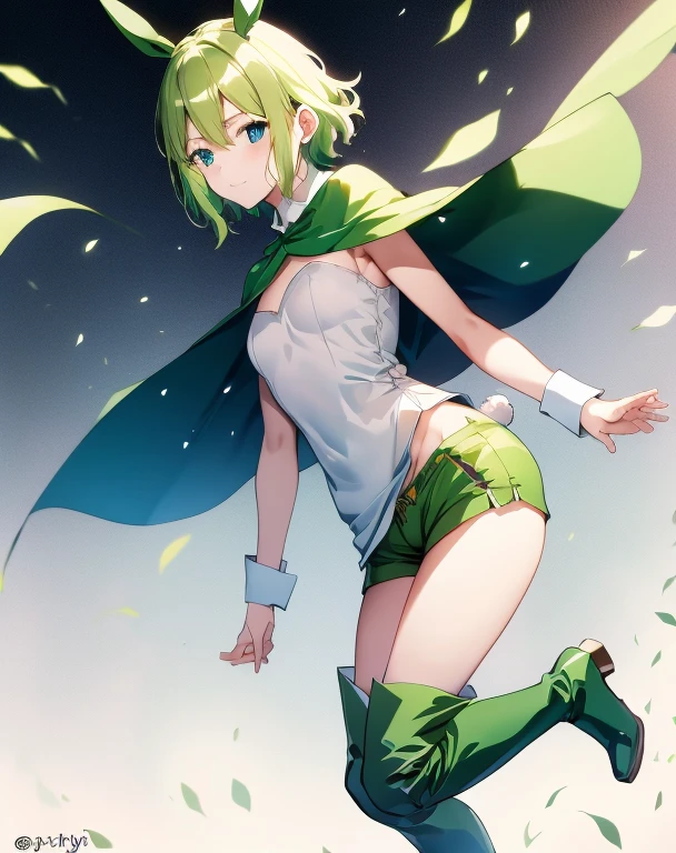 highest quality, Tabletop, 超A high resolution, Ryu Lion, Green shorts, Green Boots, White shirt, Green Cape,Bunny Girl