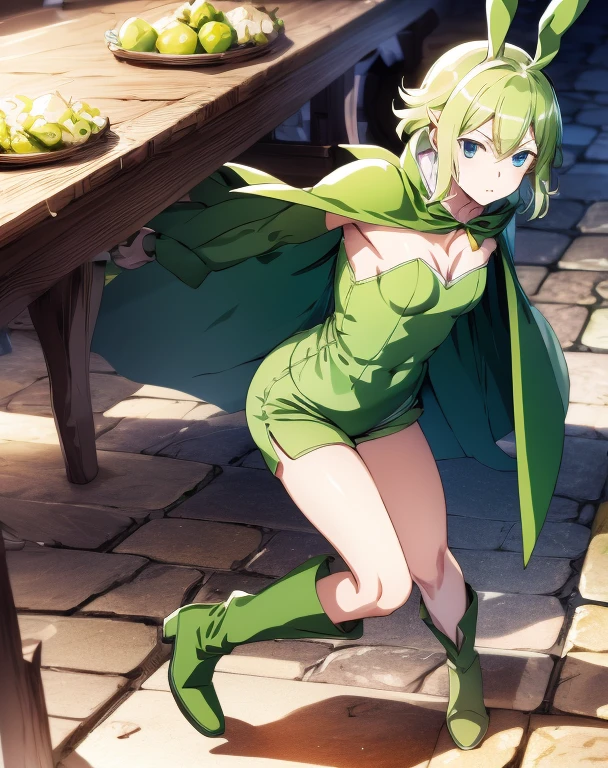 highest quality, Tabletop, 超A high resolution, Ryu Lion, Green shorts, Green Boots, White shirt, Green Cape,Bunny Girl