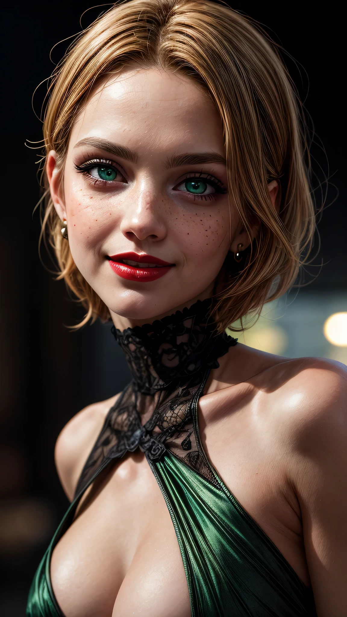 ((best quality: 1.5)) ((masterpiece)), intricate details, soft focus, professional, real life, realistic representation of the face, dim volumetric lighting, dynamic pose, in the style of realistic and hyper detailed renderings BREAK (detailed 30 year old android woman, (((blackout gothic eye makeup, (portrait), red lips, cleft chin, smiling), clear green eyes, [blonde hair:bright ginger hair:0.3], green satin evening gown, film grain, bokeh, black background, dark empty room, golden hour),  emerald, nose piercing, determined expression), freckles:0.8), photorealistic, hyper-realistic, 8K