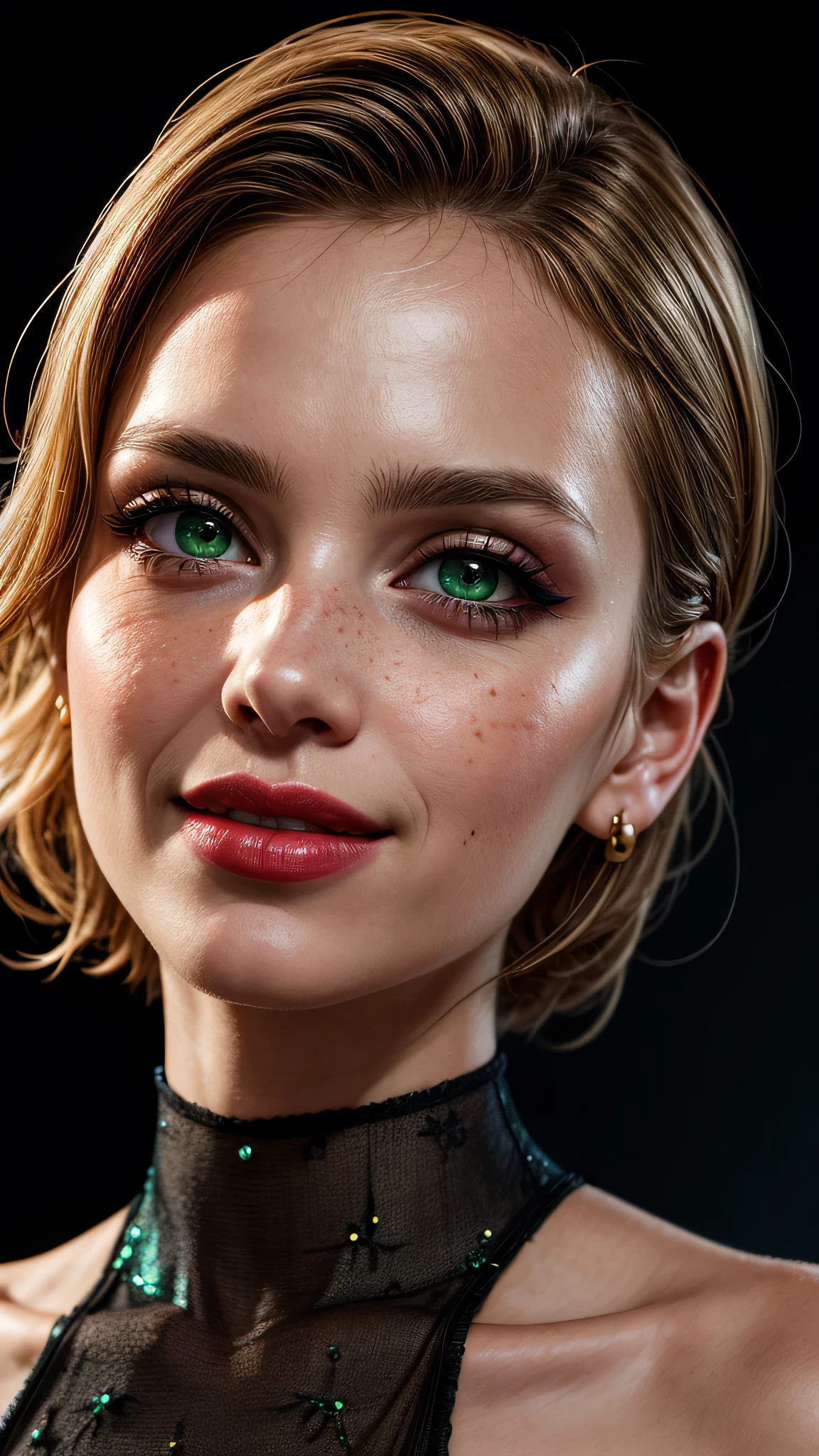 ((best quality: 1.5)) ((masterpiece)), intricate details, soft focus, professional, real life, realistic representation of the face, dim volumetric lighting, dynamic pose, in the style of realistic and hyper detailed renderings BREAK (detailed 30 year old android woman, (((blackout gothic eye makeup, (portrait), red lips, cleft chin, smiling), clear green eyes, [blonde hair:bright ginger hair:0.3], green satin evening gown, film grain, bokeh, black background, dark empty room, golden hour),  emerald, nose piercing, determined expression), freckles:0.8), photorealistic, hyper-realistic, 8K