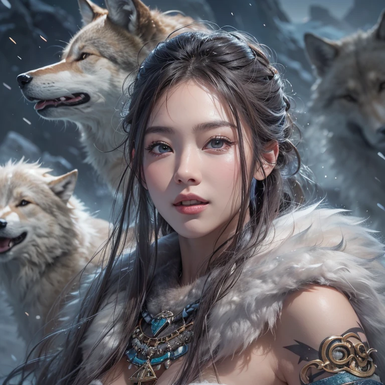 Hiding in the snowy mountains、Hair flow、 ((highest quality、masterpiece、8k、Best image quality、Ultra-high resolution、Award-winning works)、(Accurate ???????:1.1)、(Look at me and smile:1.1)、Shining fair skin with Ultra-high resolution、The most detailed face、Ultra-high resolution detailed face、Ultra-high resolutionの髪の毛、(Ultra-high resolutionの煌めく瞳:1.1)、Beautiful face drawn in every detail、(Blurred Background:1.1)、Ancient Inuit clothing, Chest to chest, tattoo, Old ruins in the background、Besides real wolves