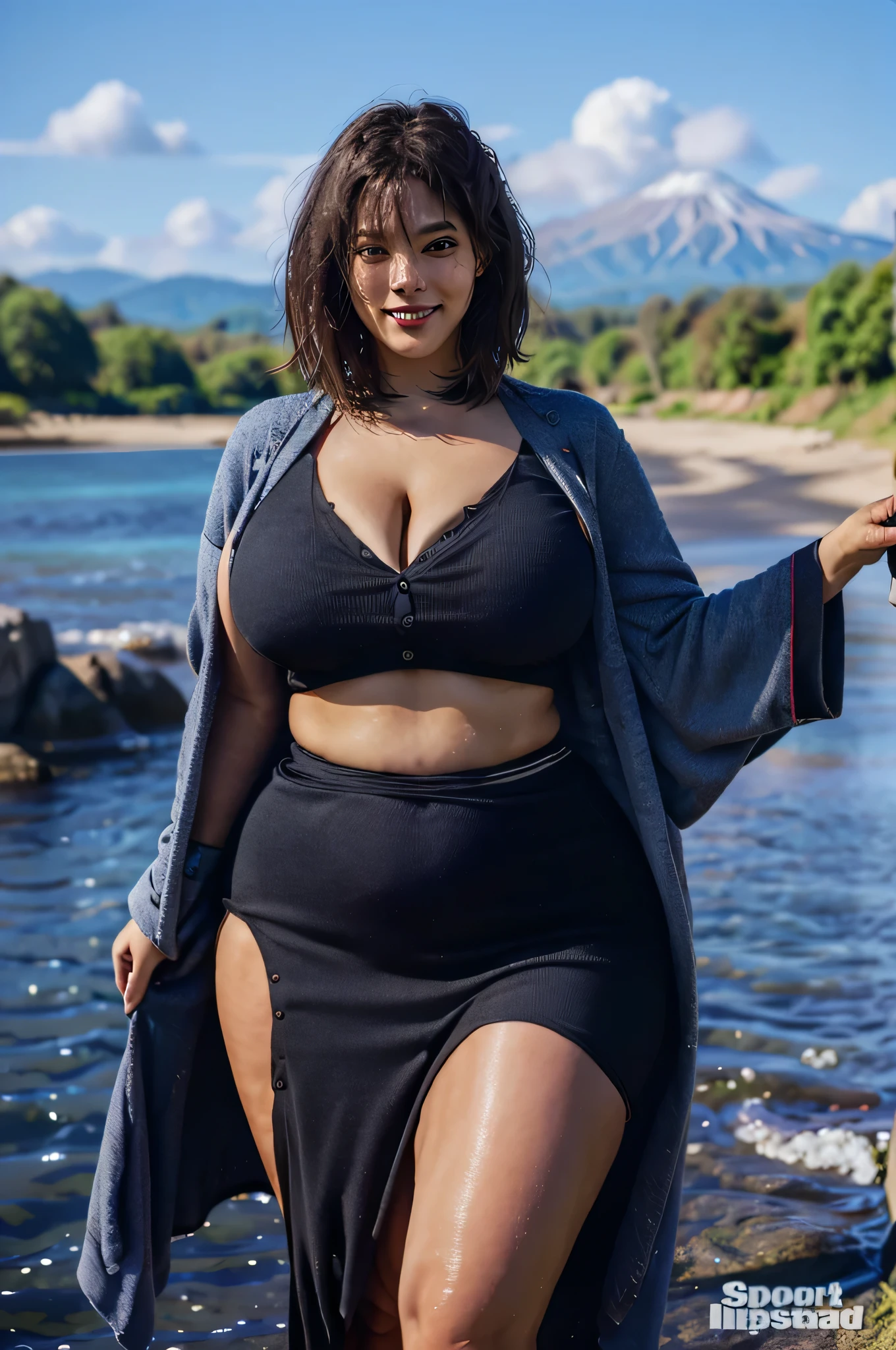8k,high quality,high resolution,One woman,smile,(tall),whole body,Big Breasts,muscle,Cleavage,young woman,Japanese,smile,blue sky,,Bobcut,Large sagging breasts,kimono,,