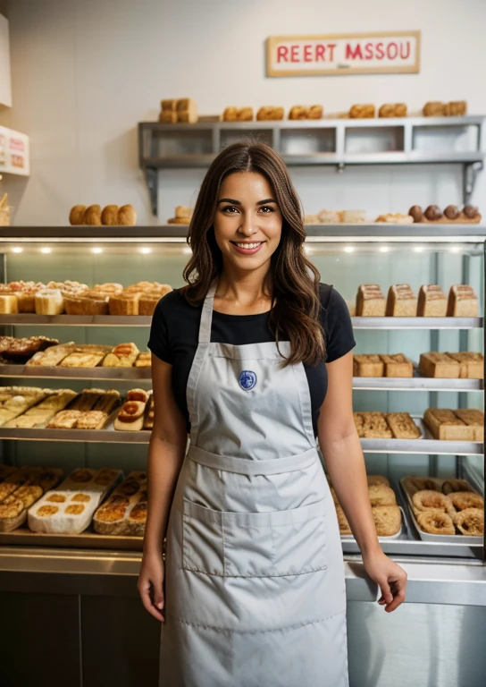 arafed woman in apron standing in front of a Bakery counter, fresh bakeries in the background, sosteniendo una barra de pan, En el mostrador, Bakery, taking control while smiling, sobre un fondo oscuro, en la foto desde los hombros hacia arriba, Listo comercialmente, foto fija, una persona parada frente a un, impresionante visual, looking towards the camera, por Niko Henrichon